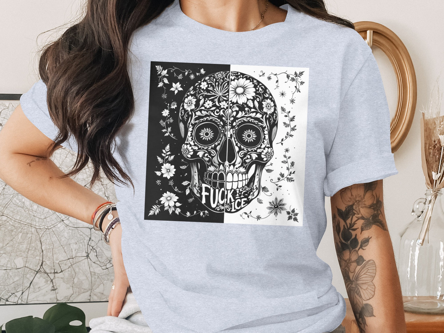 Artistic Floral Skull Graphic on Tee Shirt product type