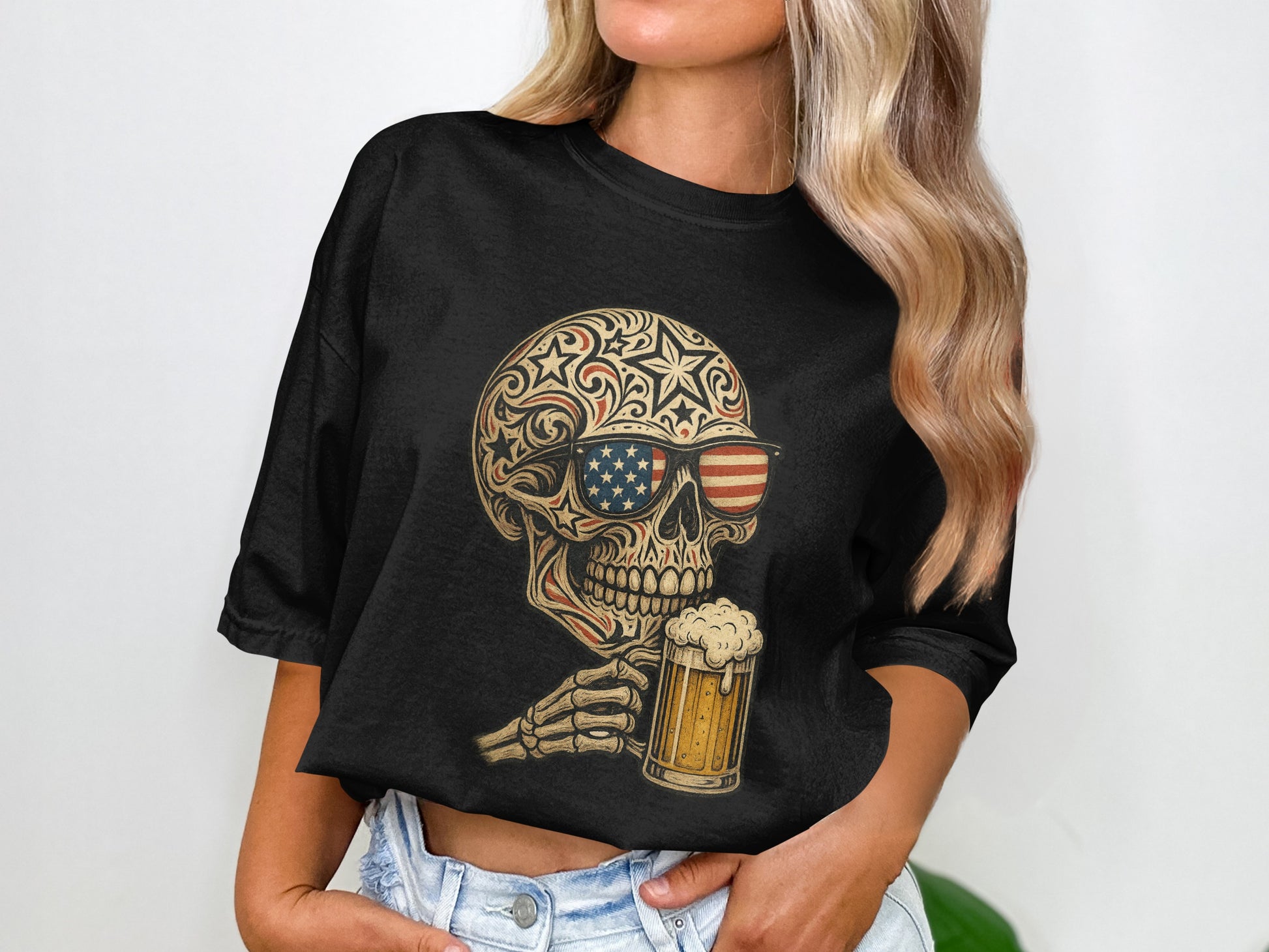 Patriotic Skull Design with Beer Print Graphic Product Type