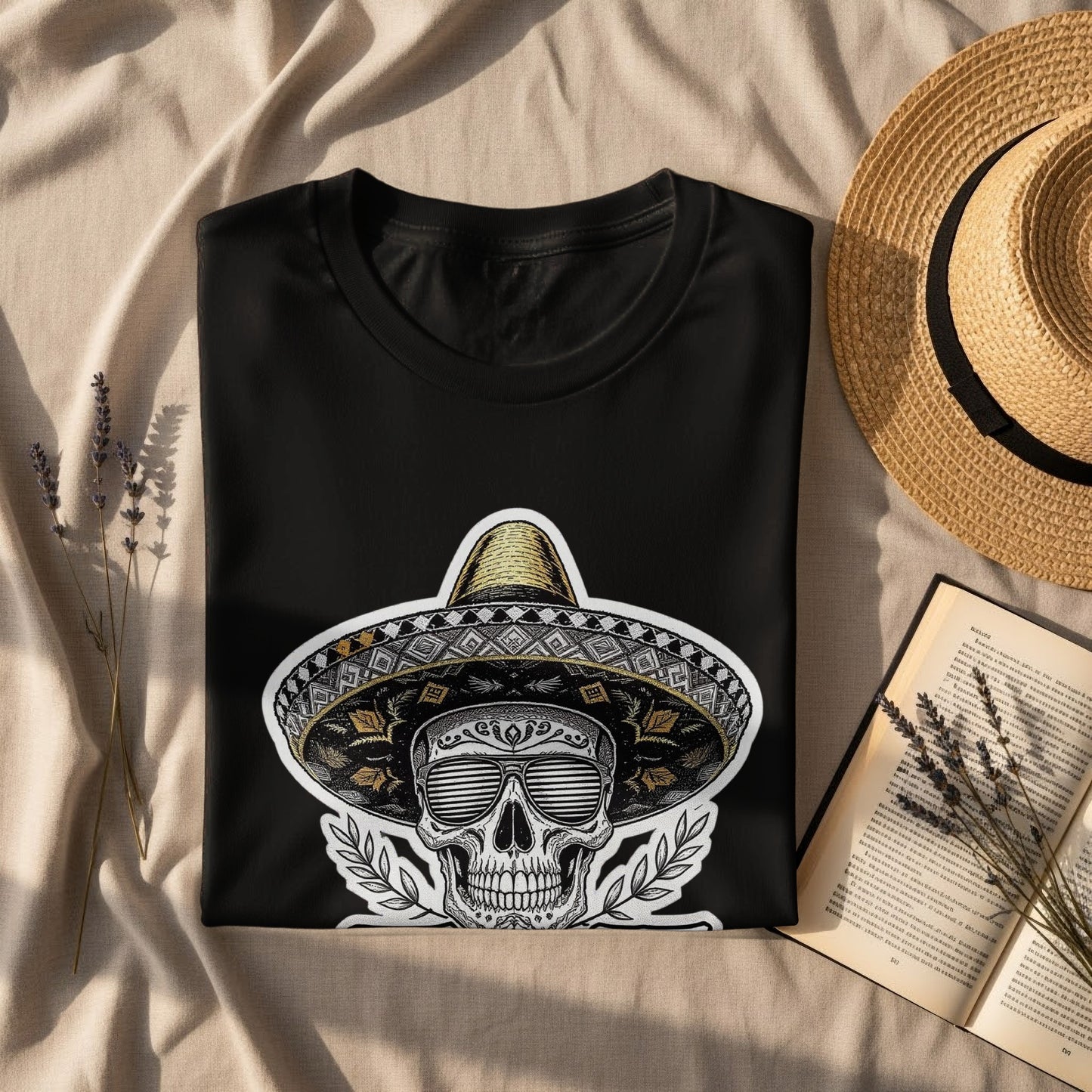 Skull with Hat Illustration on Black Shirt product