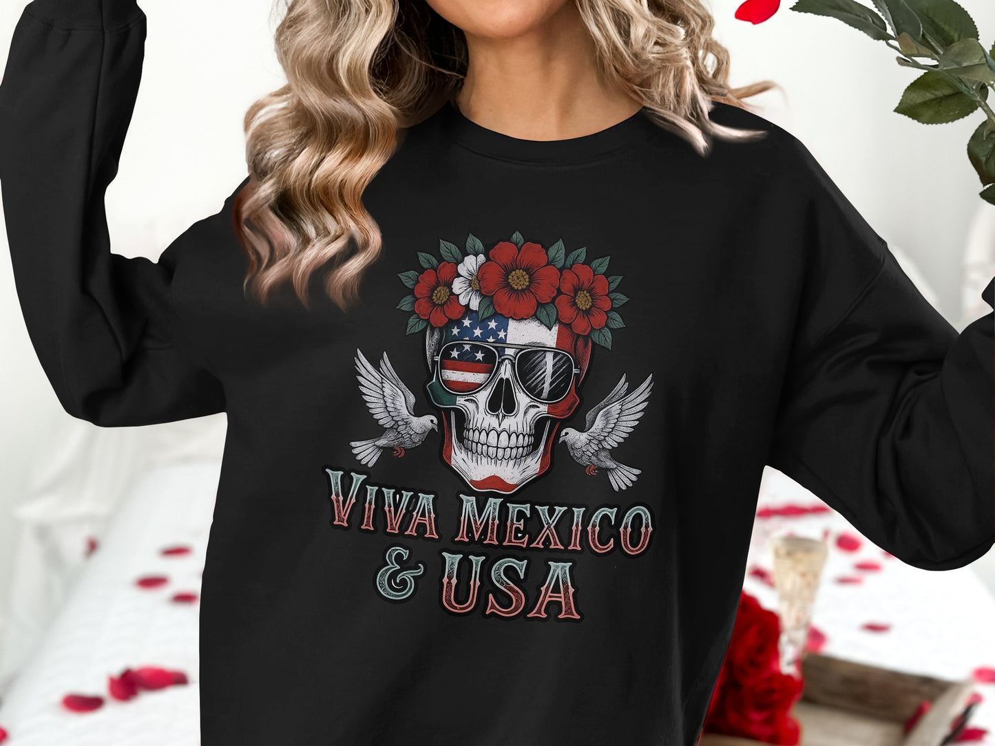 Viva Mexico & USA Skull Design Long Sleeve Shirt product