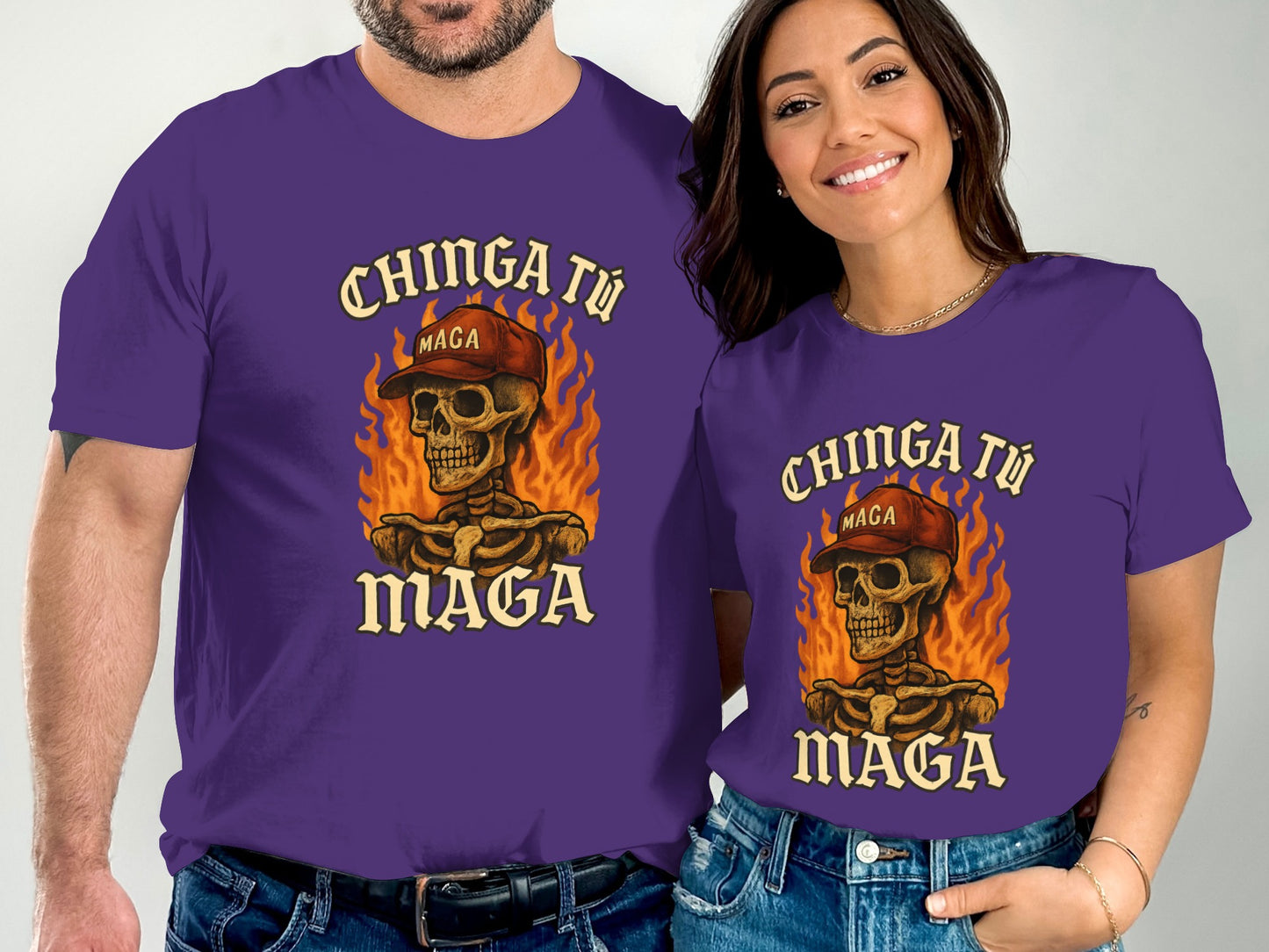 Chinga Tu MAGA Skull Design Purple Tee Shirt product type