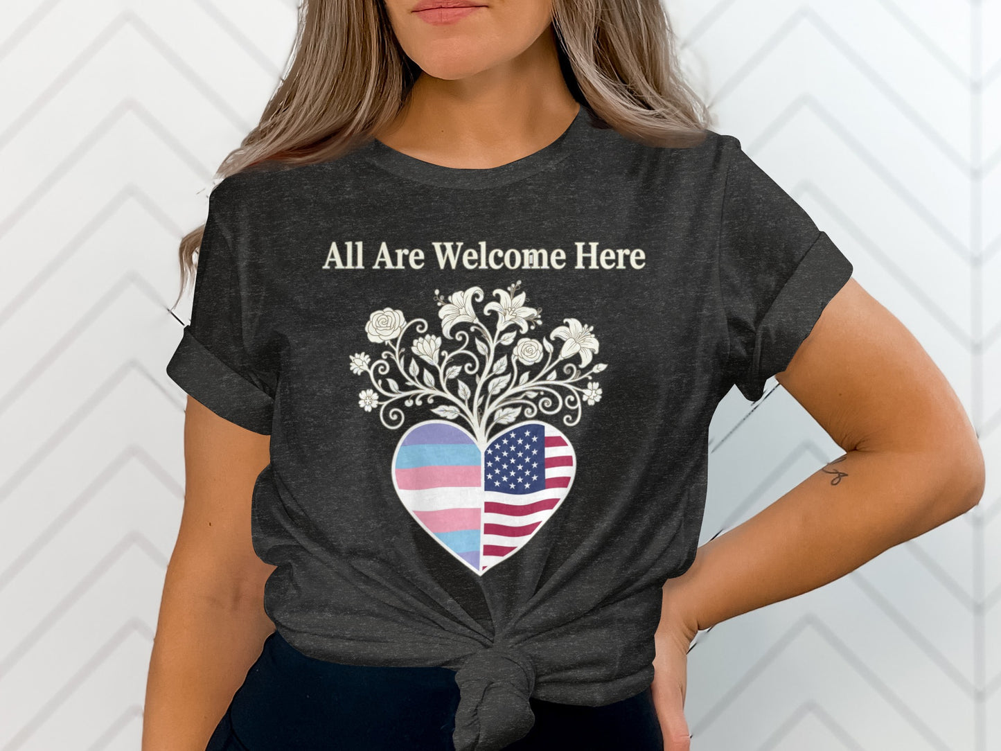 All Are Welcome Here Heart Graphic Tee product