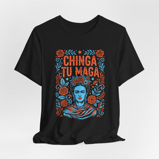 Frida Kahlo portrait with "CHINGA TU MAGA" text surrounded by floral art.