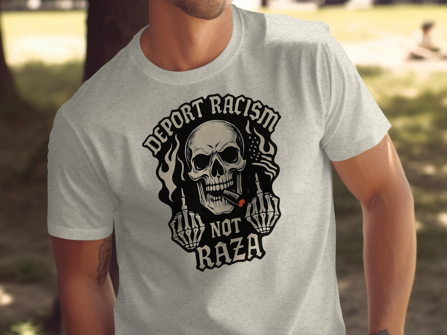 Deport Racism Not Raza Skull Graphic T-Shirt product
