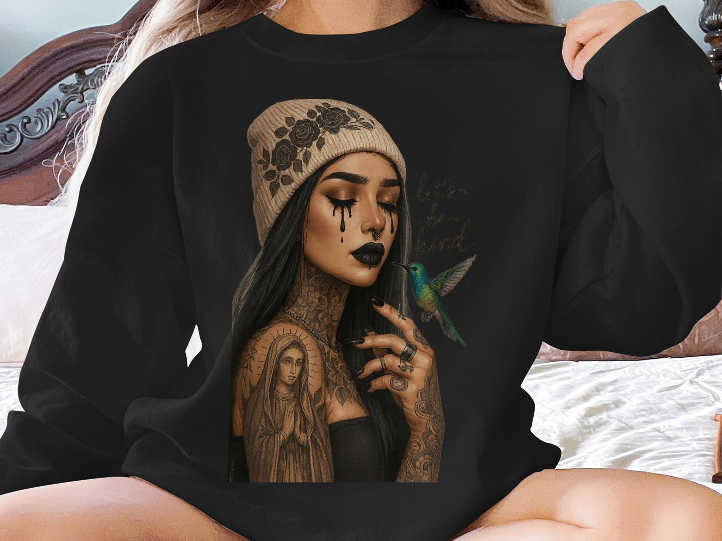 Artistic Tattooed Woman with Hummingbird Graphic product type