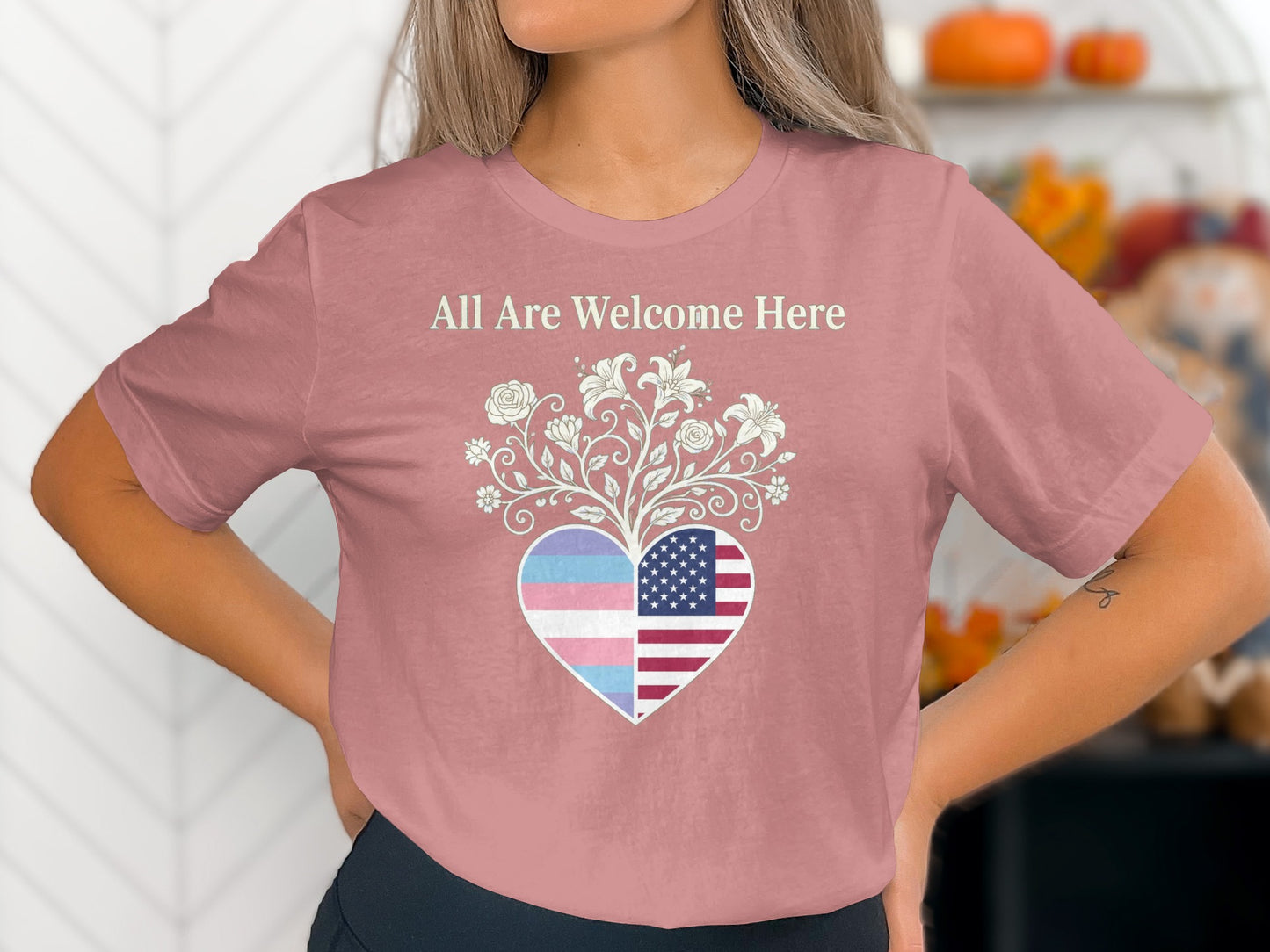 All Are Welcome Here Heart Design T-Shirt Product