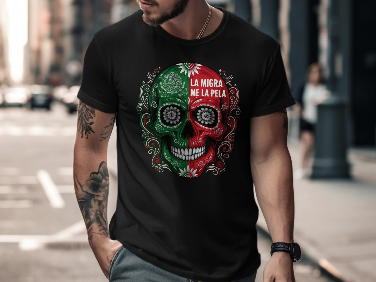 La Migra Me La Pela Skull Art T-Shirt product type