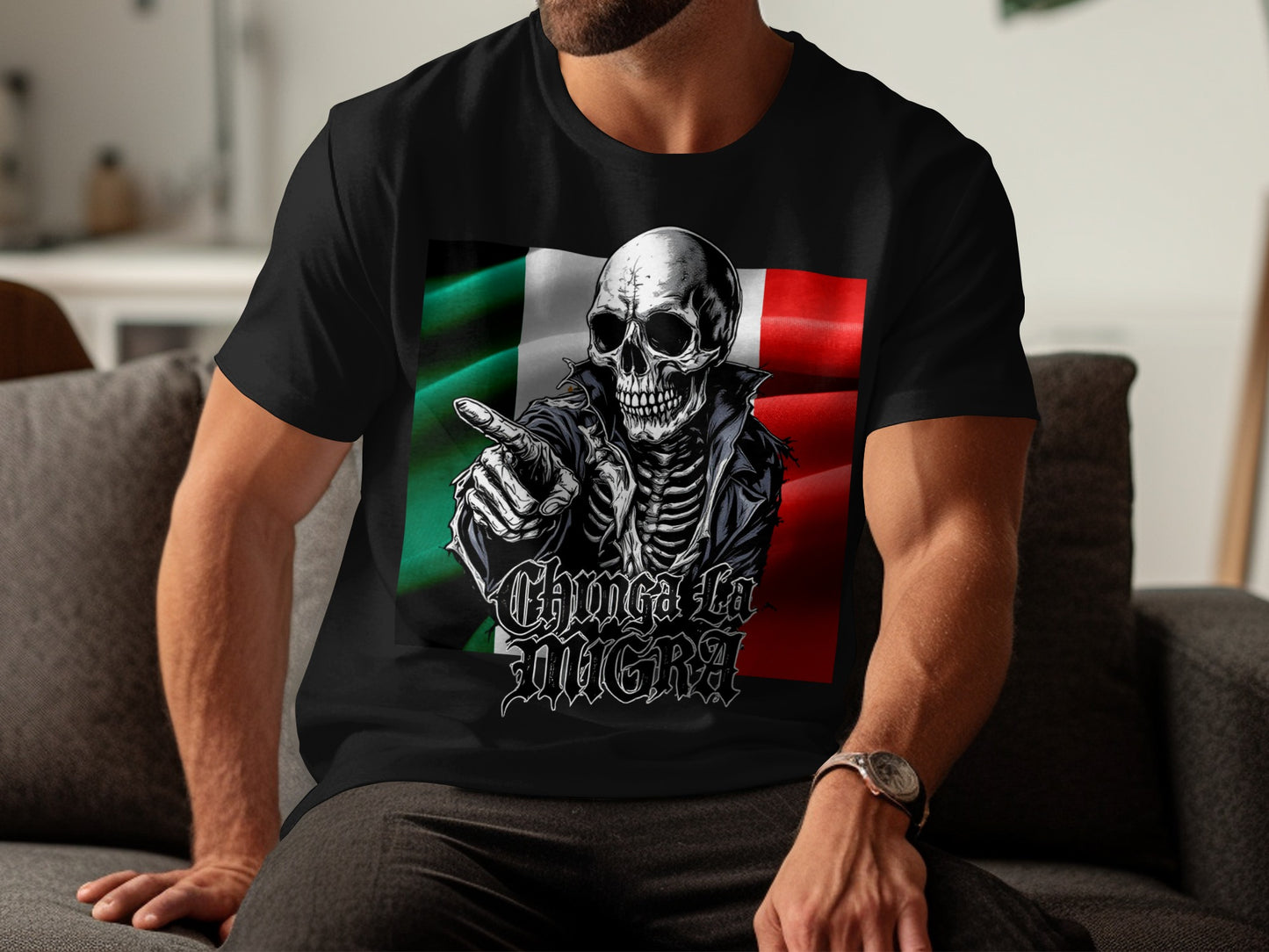 Chinga La Migra Skull Graphic Mexican Flag T-Shirt product