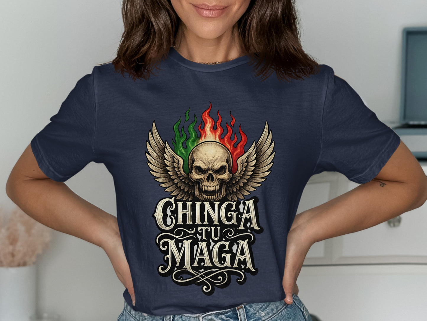 Colorful flaming skull Chinga Tu Maga T-shirt product