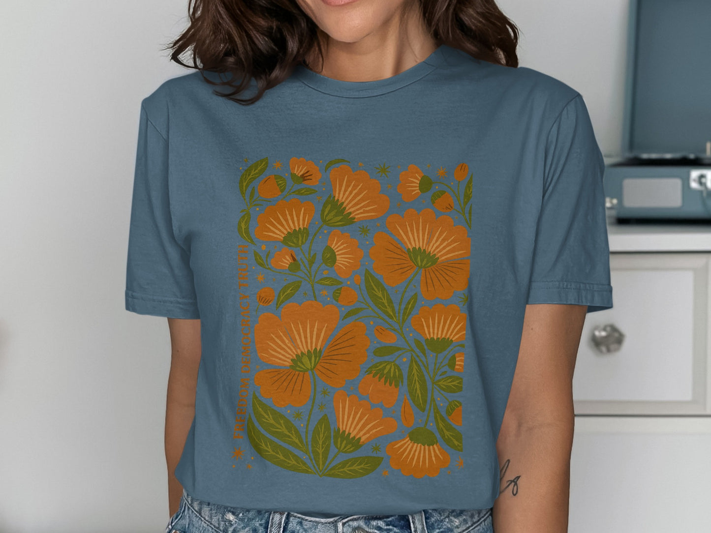 Artistic Floral Print Blue Graphic Tee product