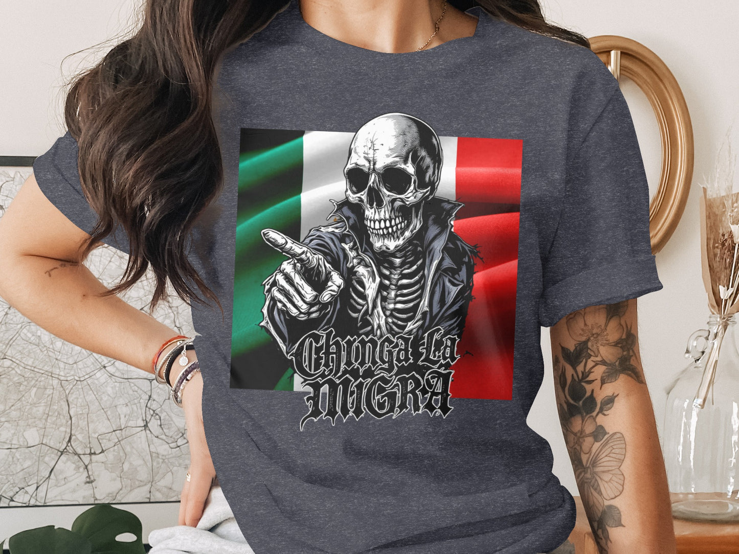 Skeleton Pointing Graphic on Flag T-shirt product