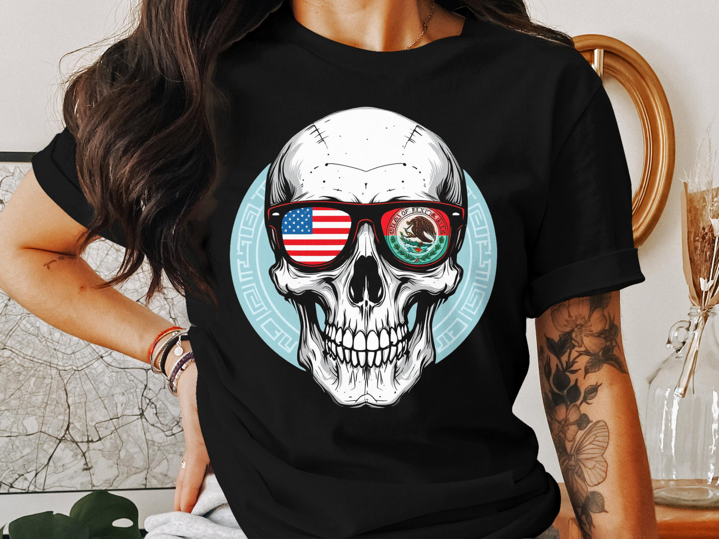 Patriotic Skull Wearing Dual Flag Sunglasses Shirt product