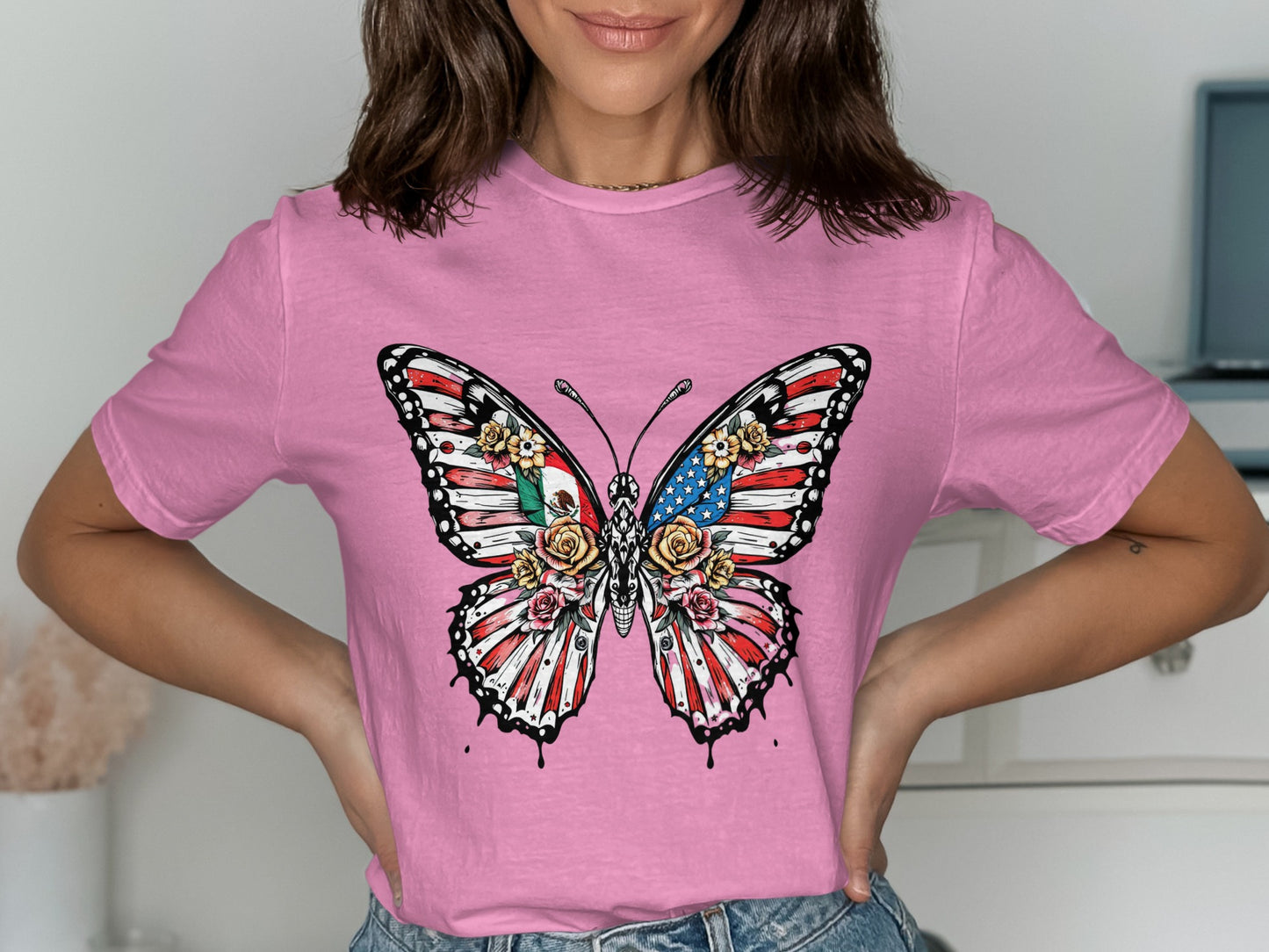 Butterfly Floral American Flag Graphic T-shirt product
