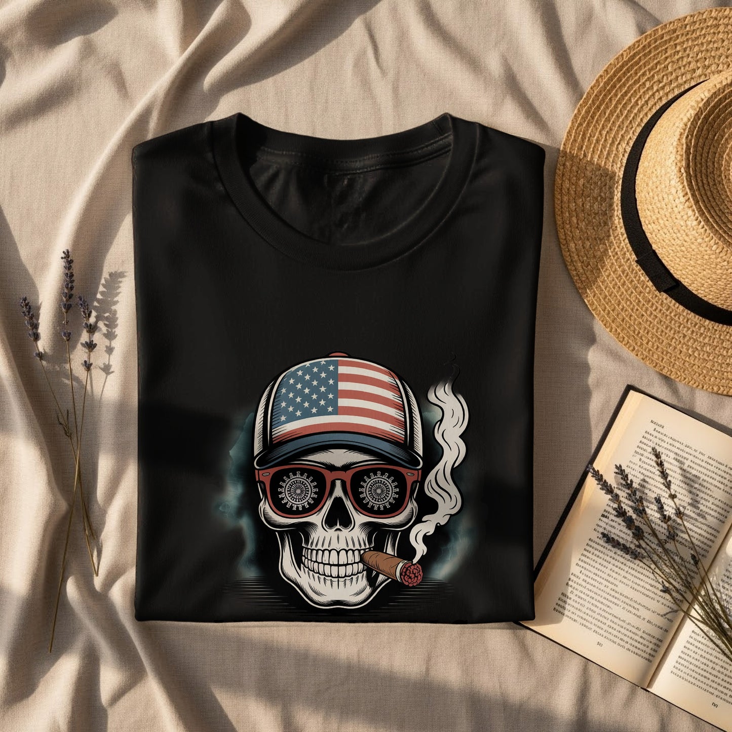 American Flag Hat Skull Smoking Cigar Graphic Shirt product