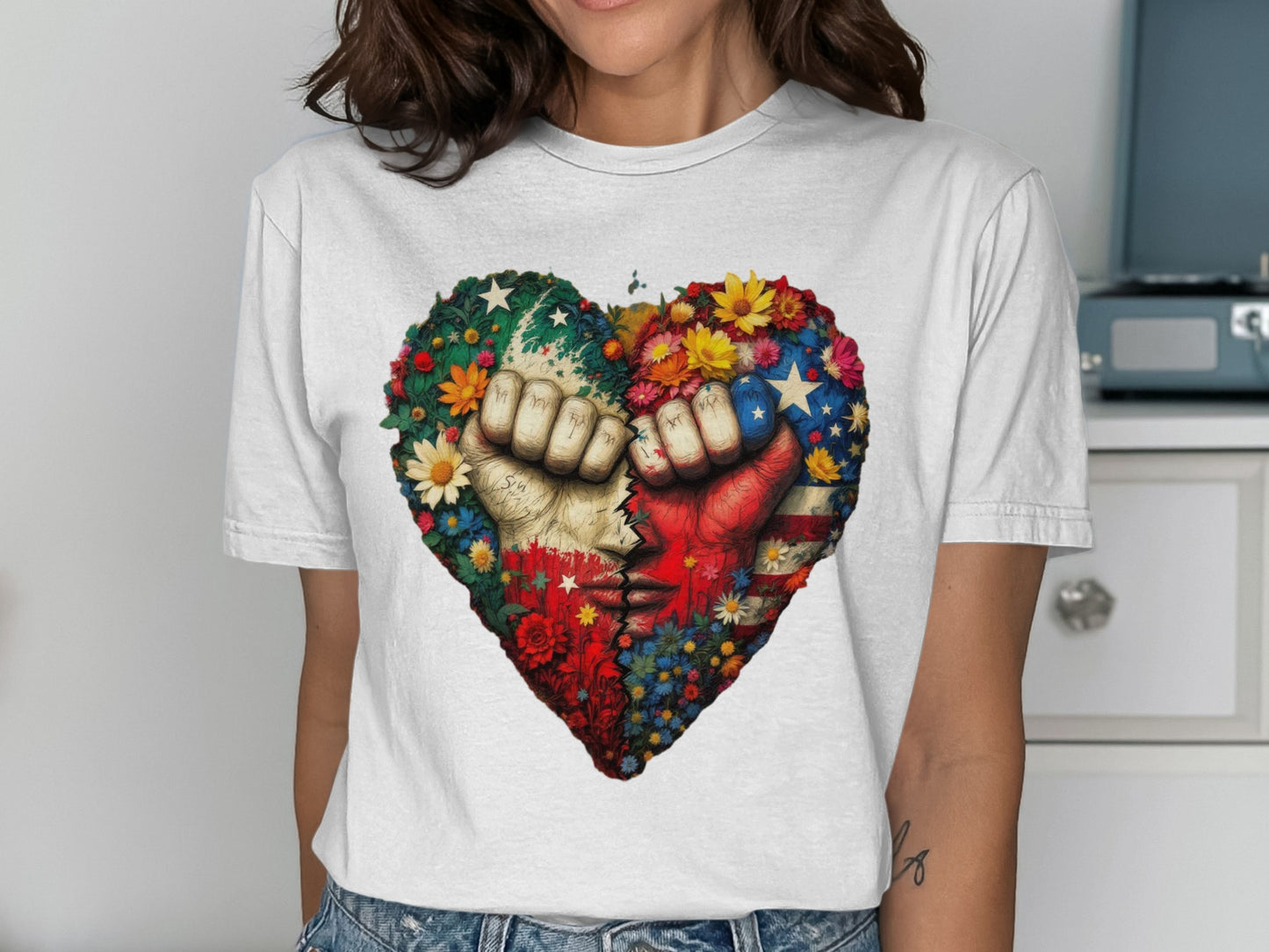Heart Shaped Fist and Flowers Graphic T-Shirt Product