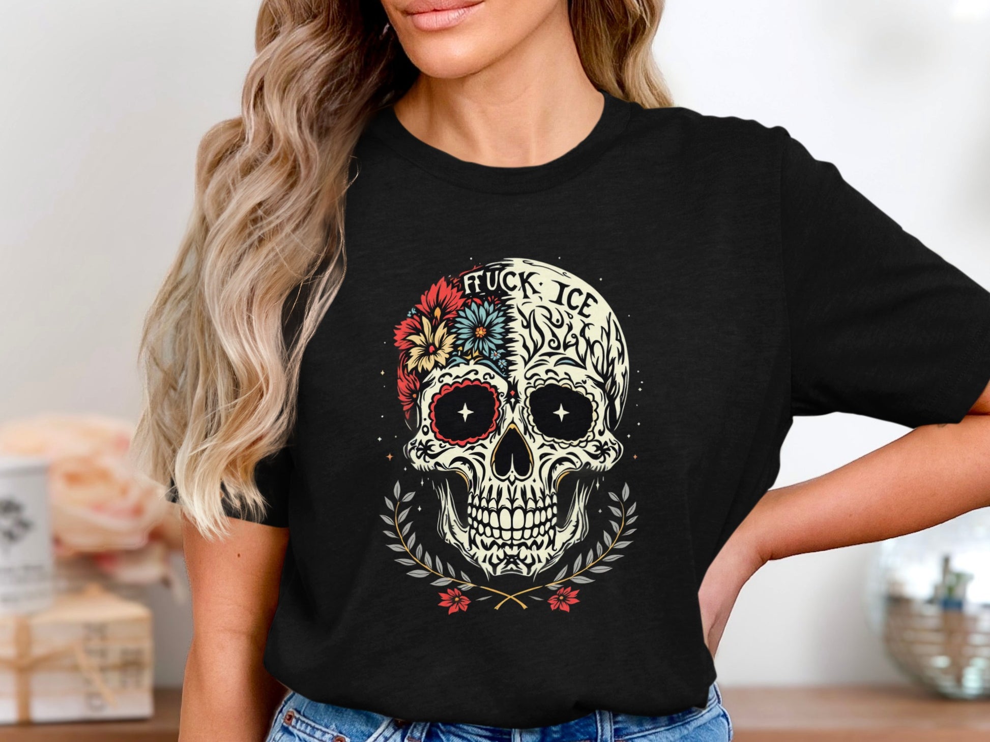 Skull with Floral Eye Design Graphic Tee product