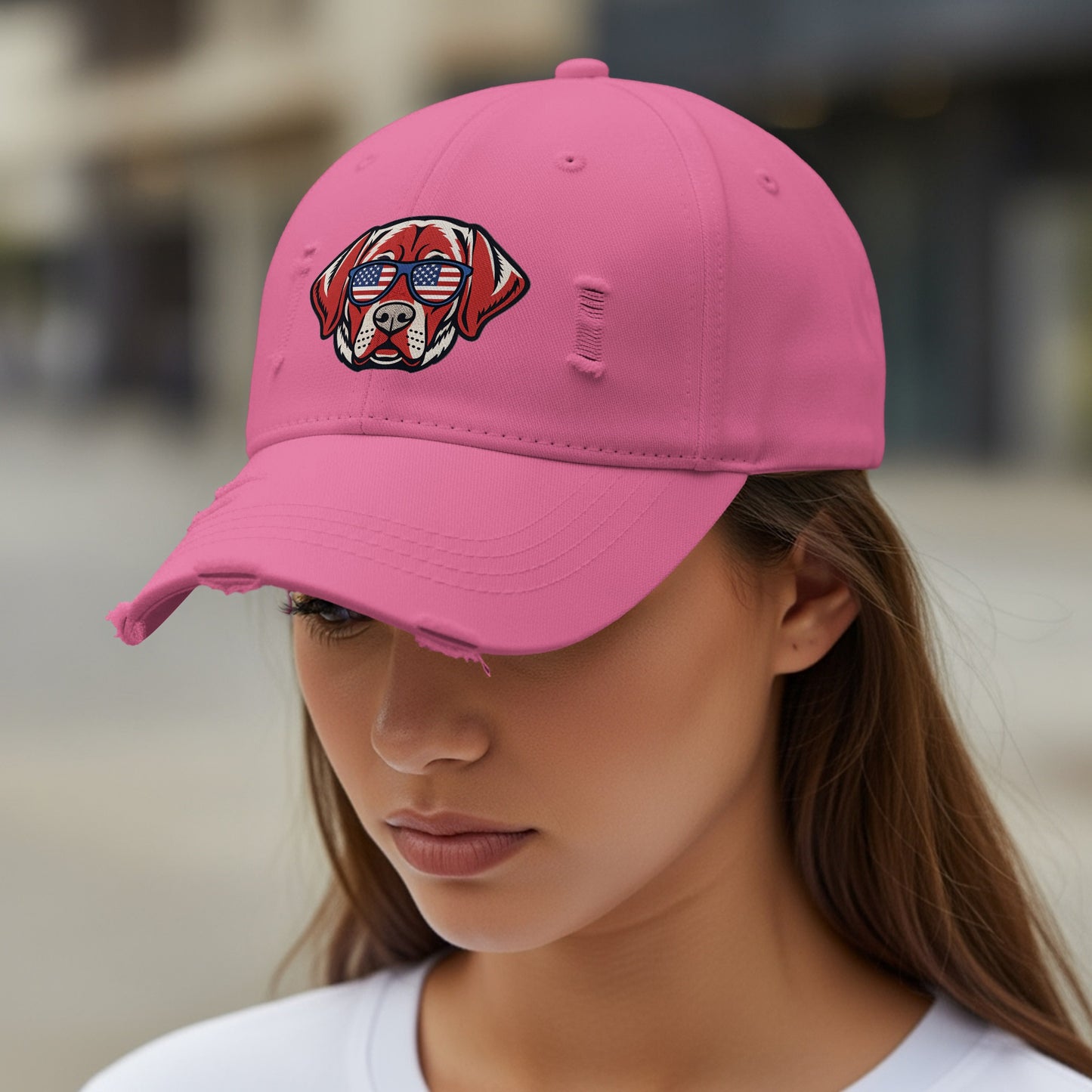 Pink Distressed Baseball Cap with Cool Dog Embroidery product