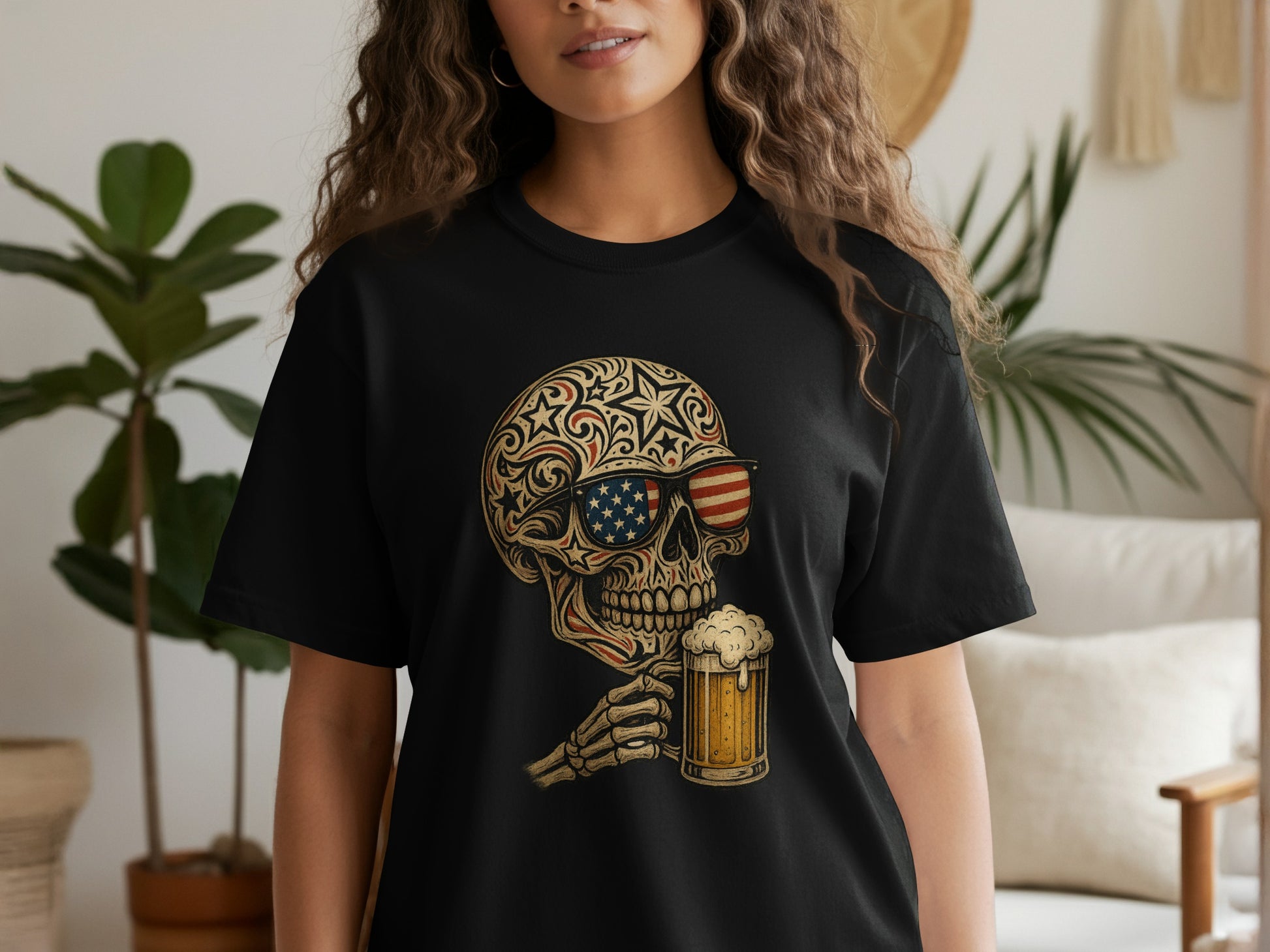 Patriotic Skull with Beer Design Black T Shirt product