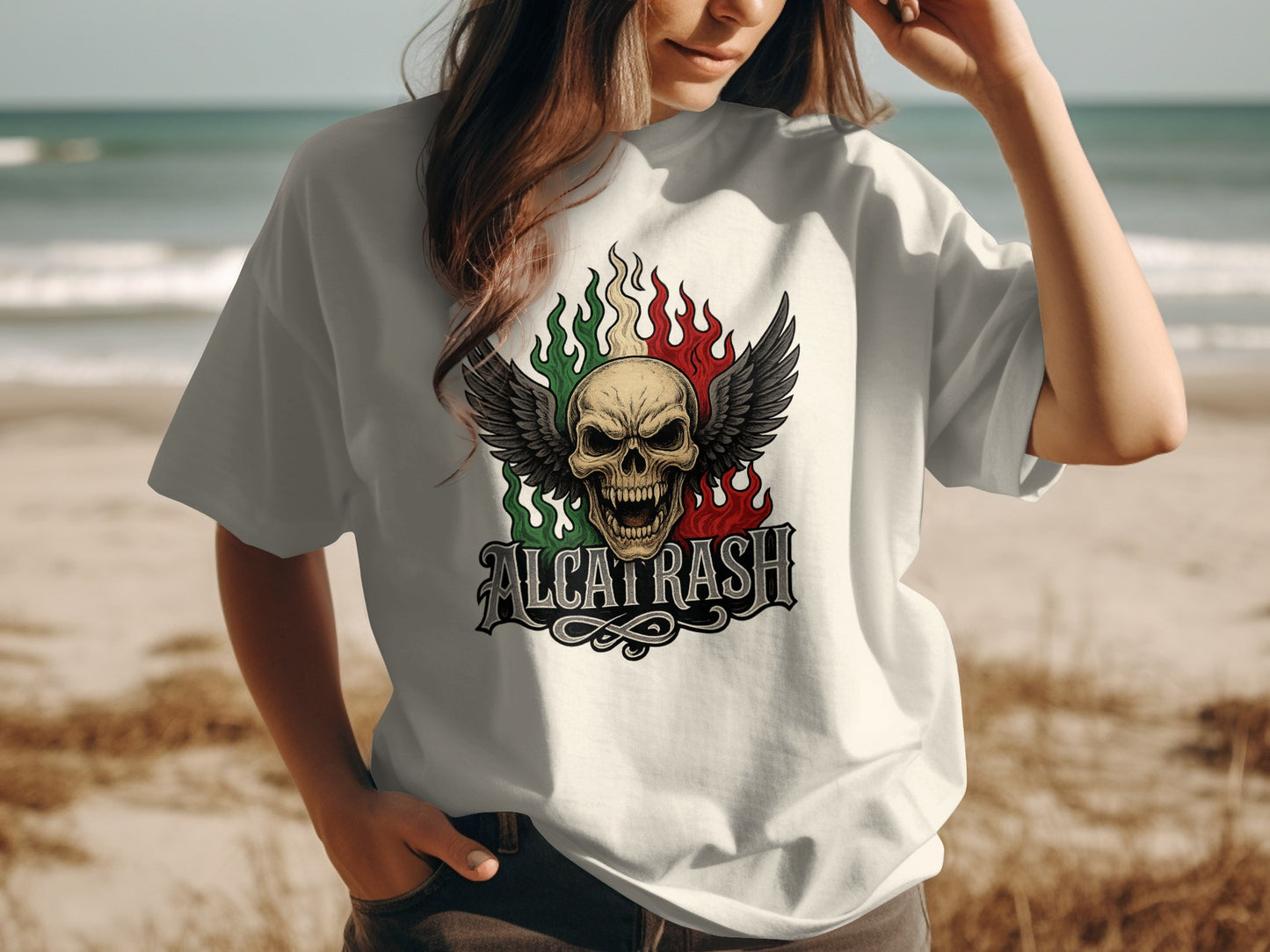 Alcatrash Skull Wings Fire Beach Scene T-Shirt product