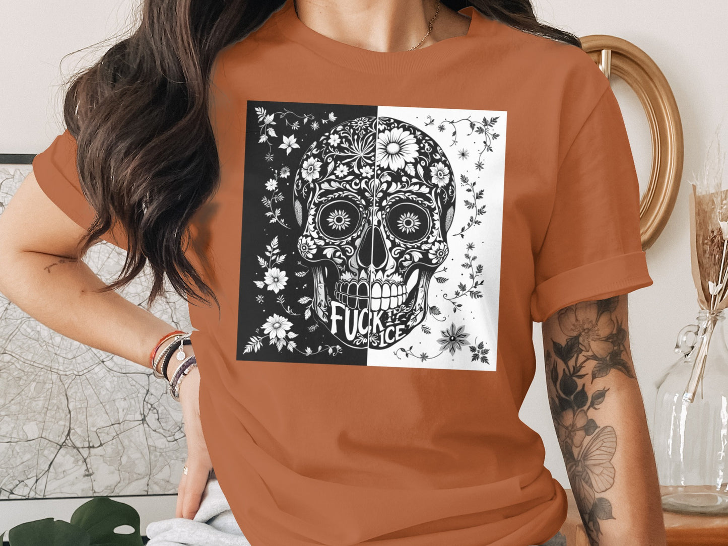 Stylish Half Black Half White Skull Graphic T-Shirt product type