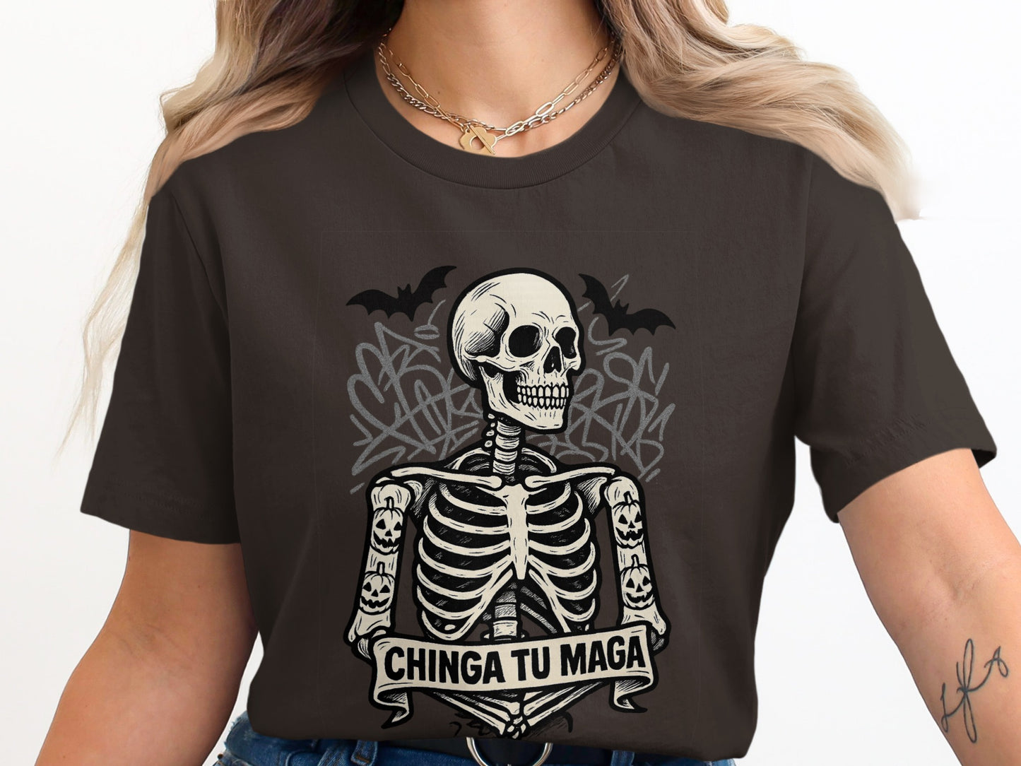 Chinga Tu Maga Skeleton with Bats Graphic T-shirt product