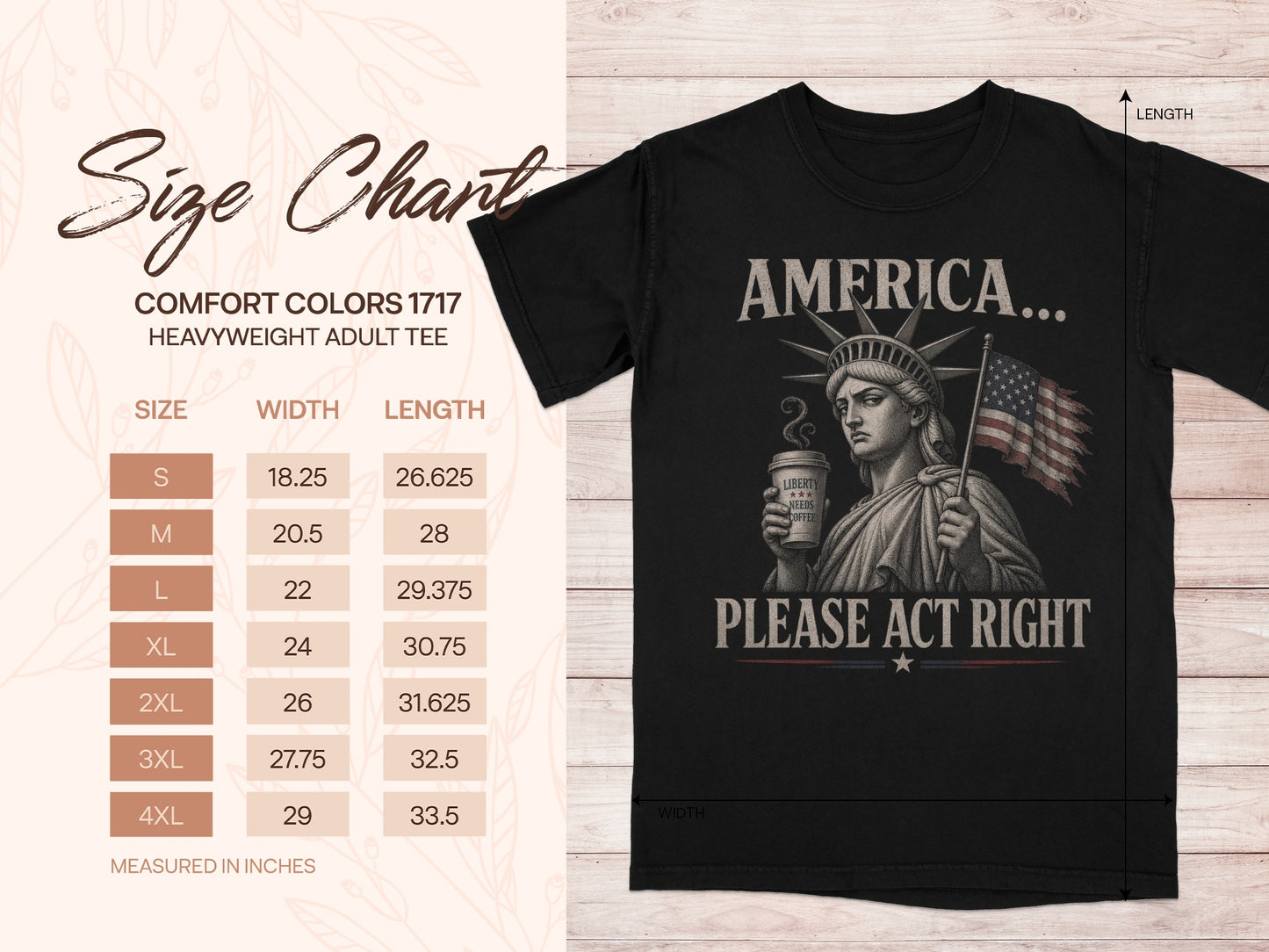 Comfort Colors 1717 heavyweight tee size chart with Statue of Liberty graphic.