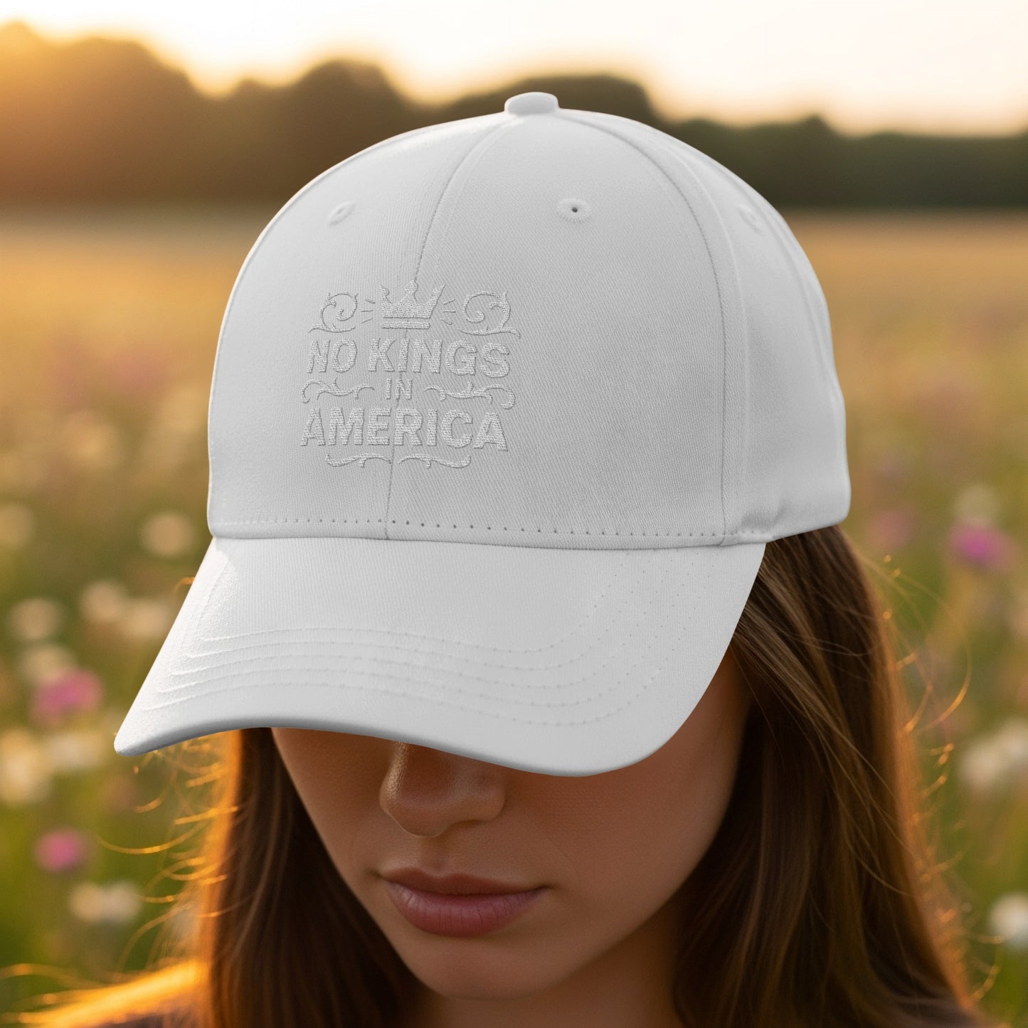 No Kings in America White Embroidered Hat product