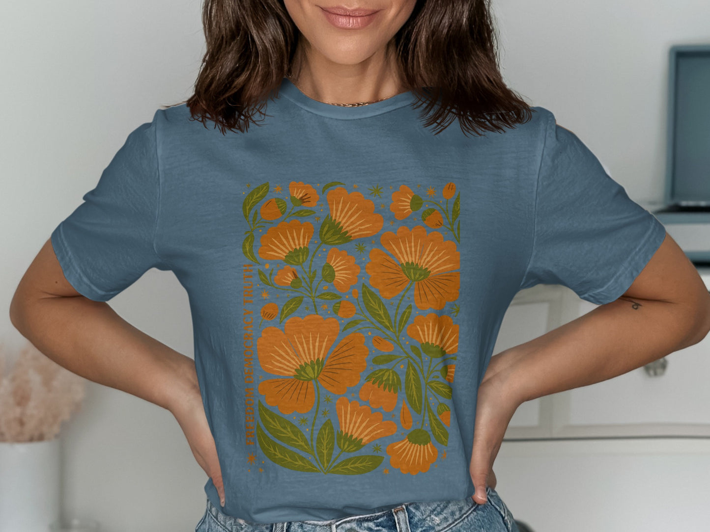 Orange Floral Pattern on Blue Background T-shirt product type