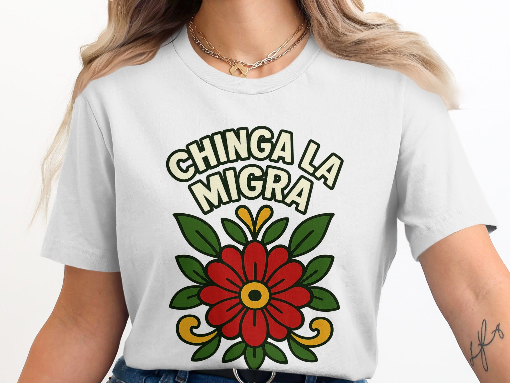 Chinga La Migra Floral Design Casual Wear T-Shirt Product