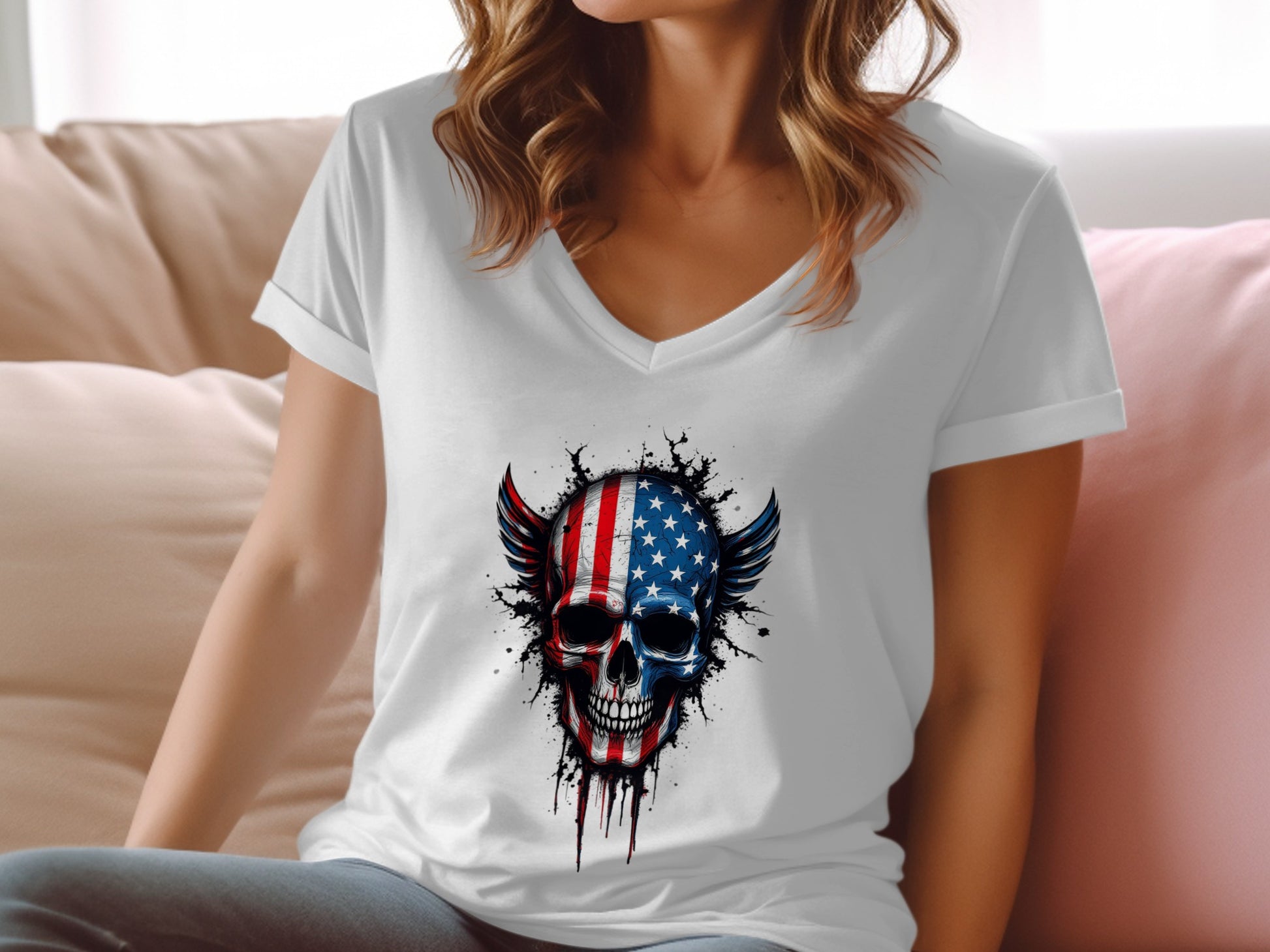 Distressed American Flag Skull Graphic Tee Shirt product type