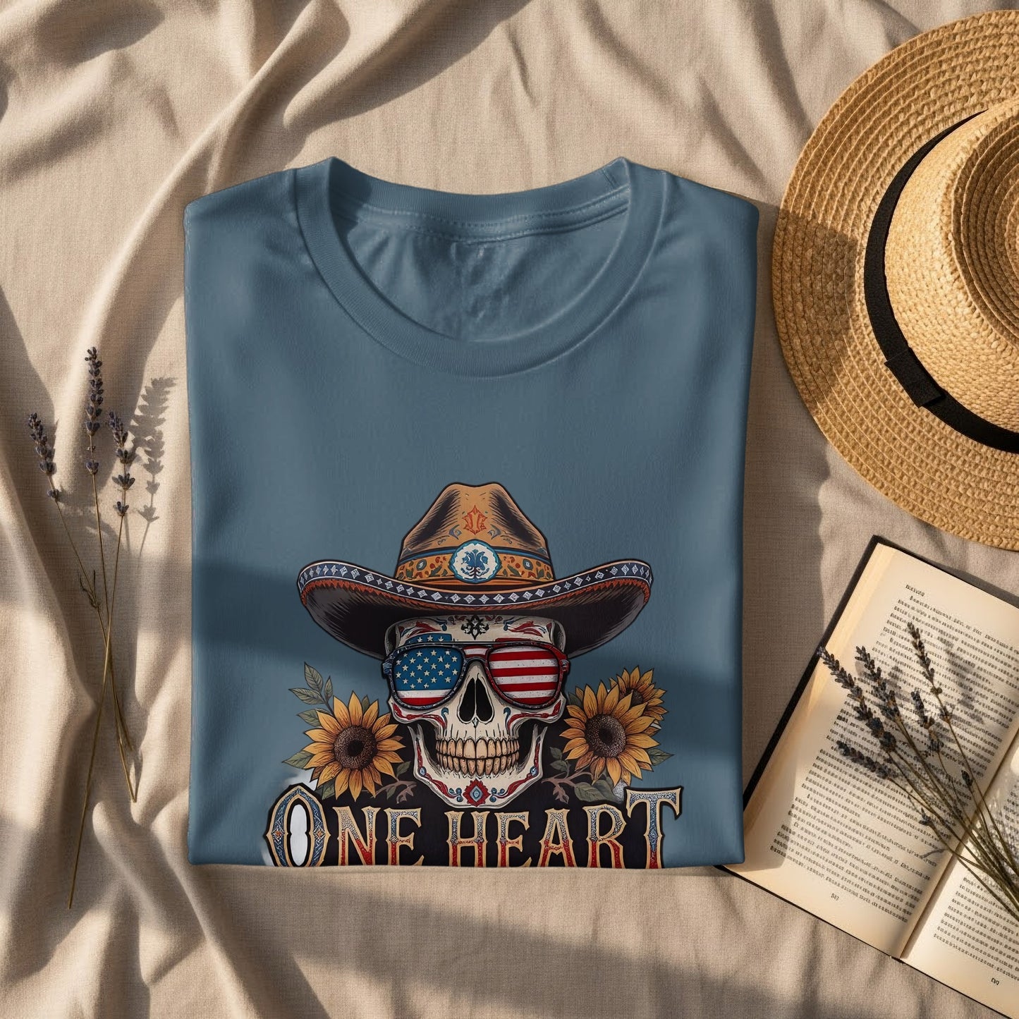 One Heart Skull Cowboy Sunflowers Graphic Shirt product