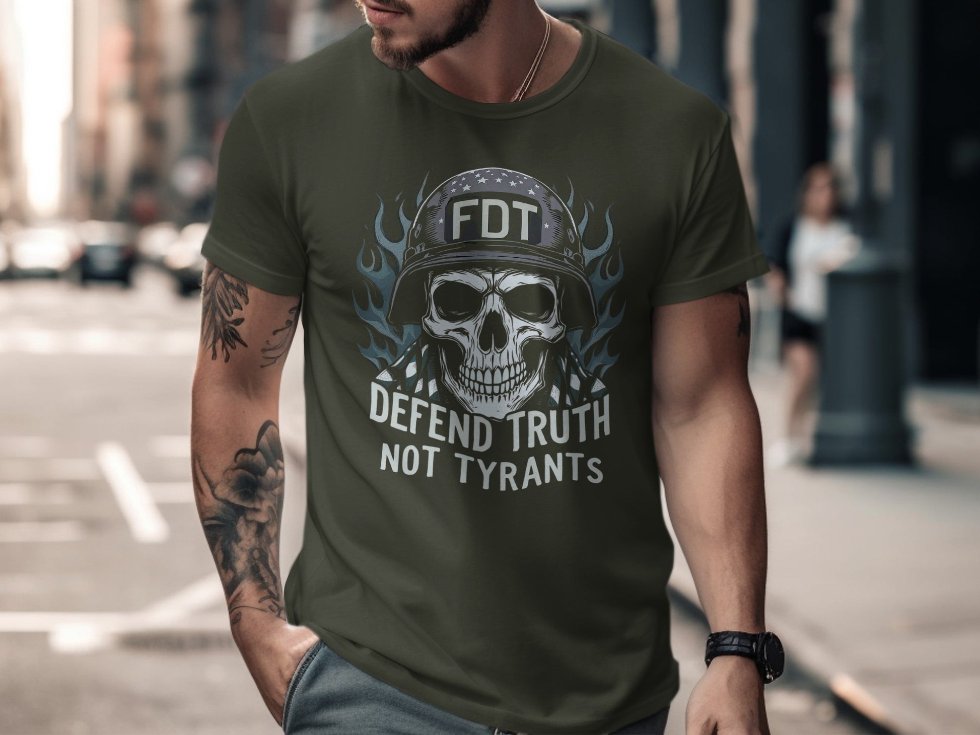 Defend Truth Not Tyrants Skull Helmet Graphic Tee product