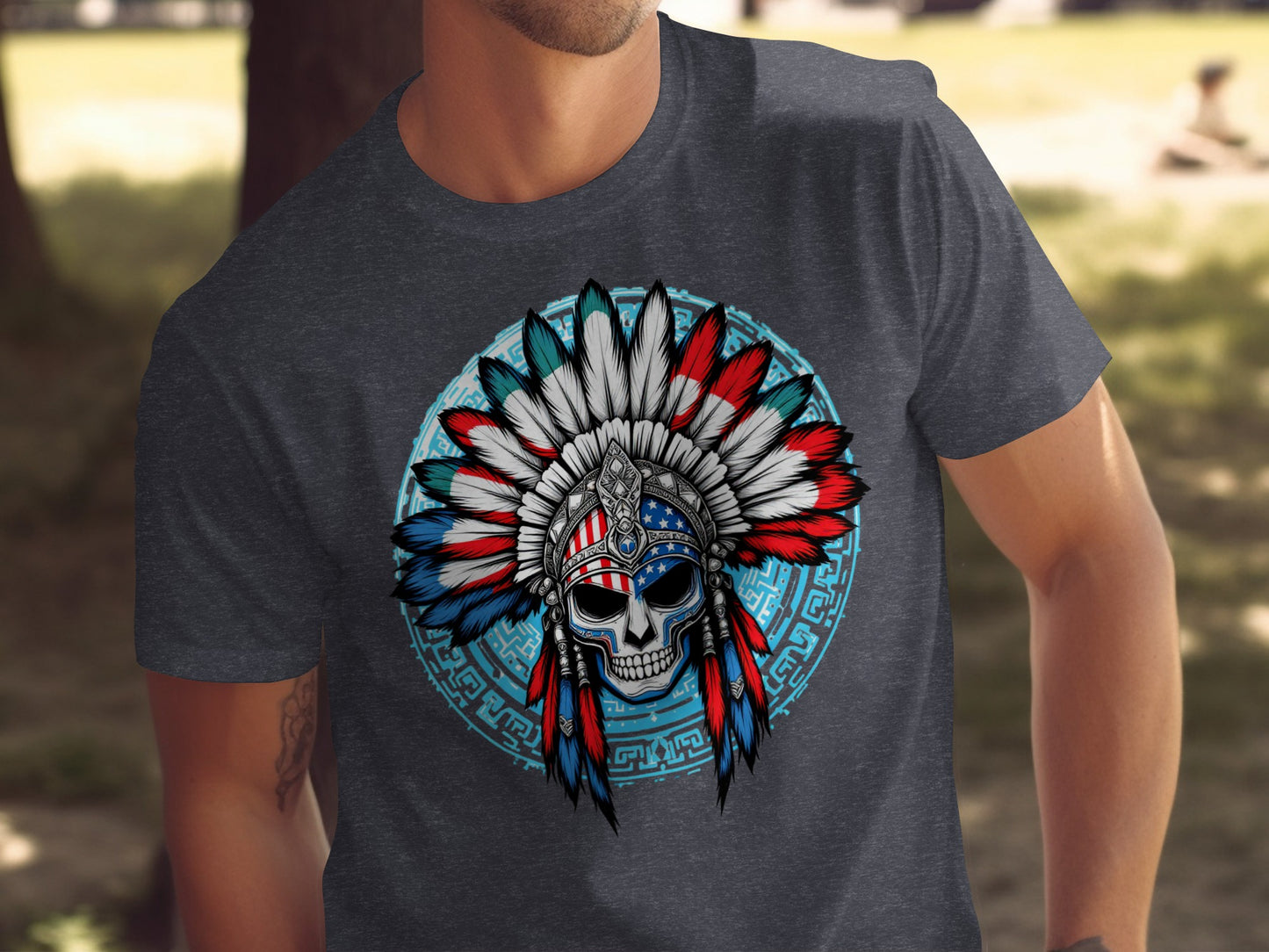 Skull with Feathers and American Flag Graphic T-Shirt