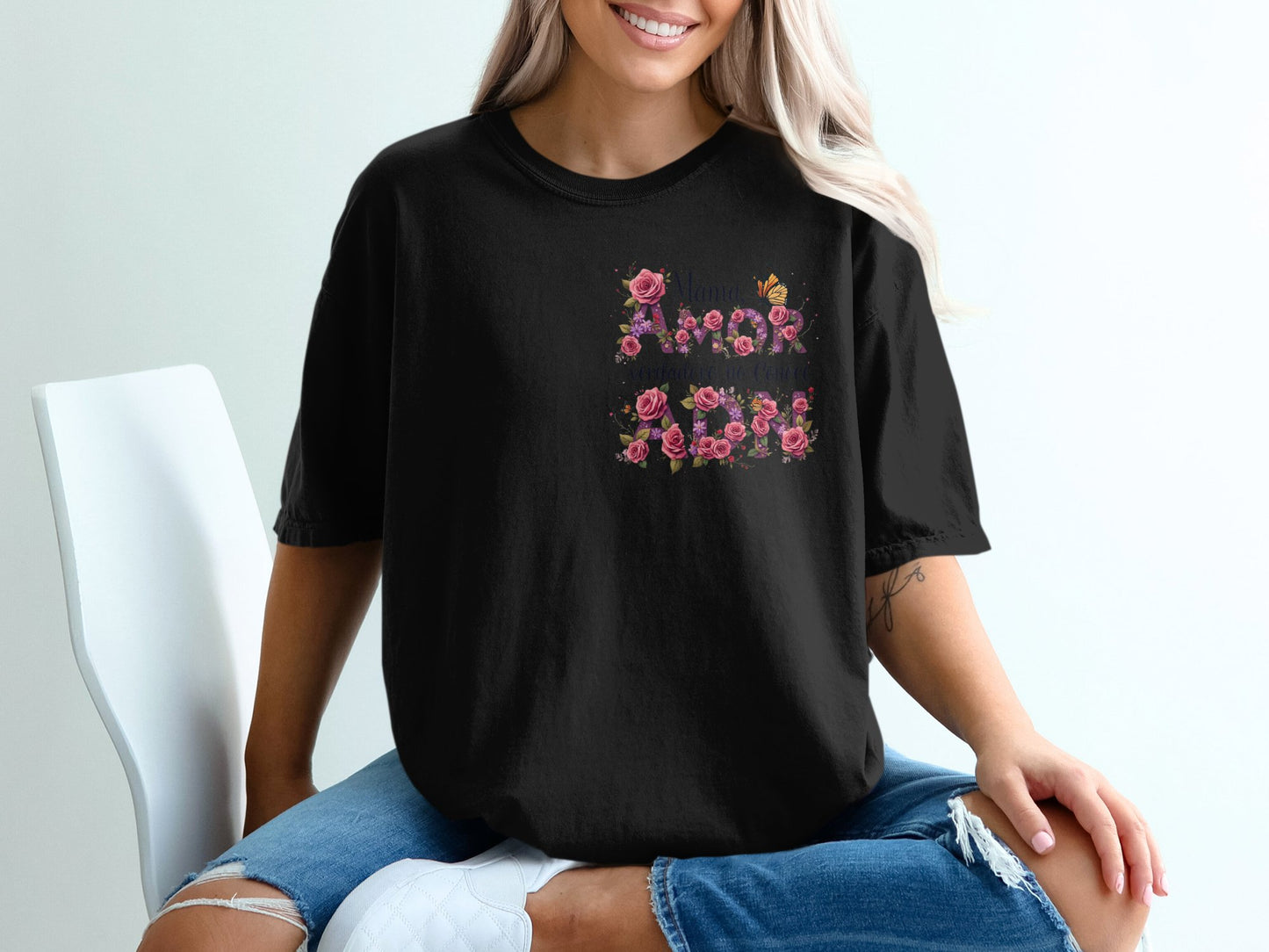 Black T-Shirt with Colorful Floral Love Design product type