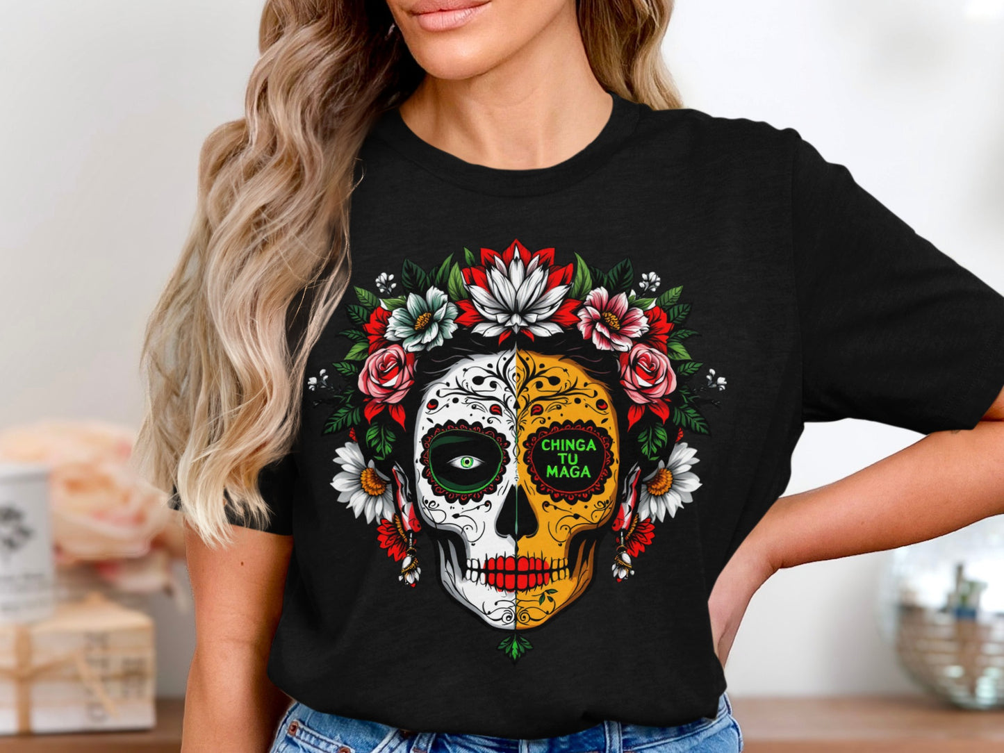 Chinga Tu Maga Sugar Skull Design Black T-Shirt product