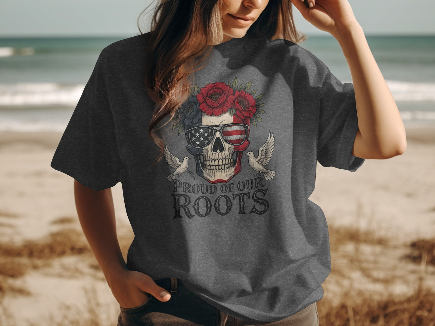 Patriotic Skull and Flowers Graphic T-Shirt product type