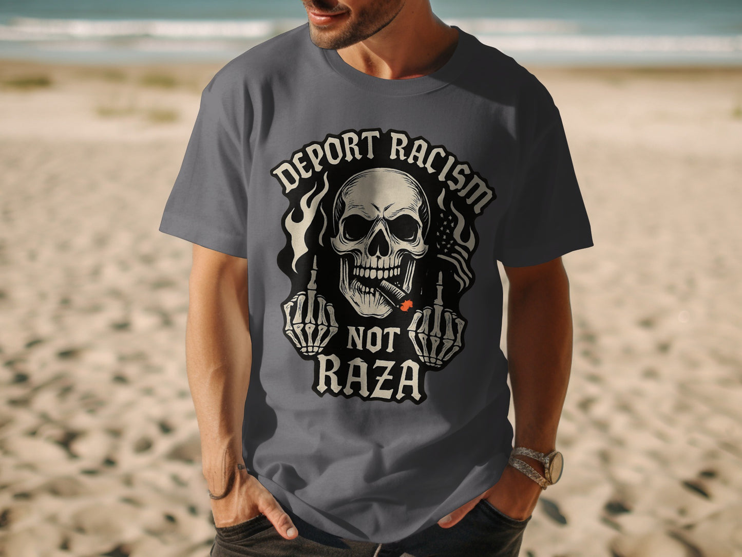 Deport Racism Not Raza Skull Graphic T-shirt product