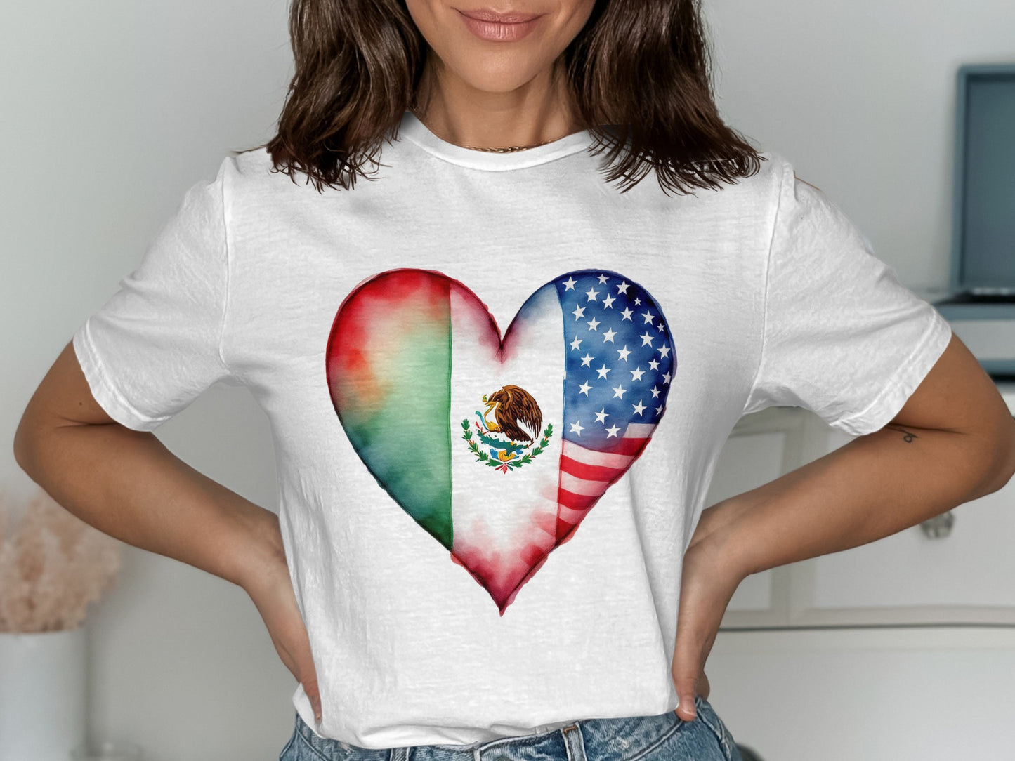 USA and Mexico Heart Flag Print T-Shirt product type