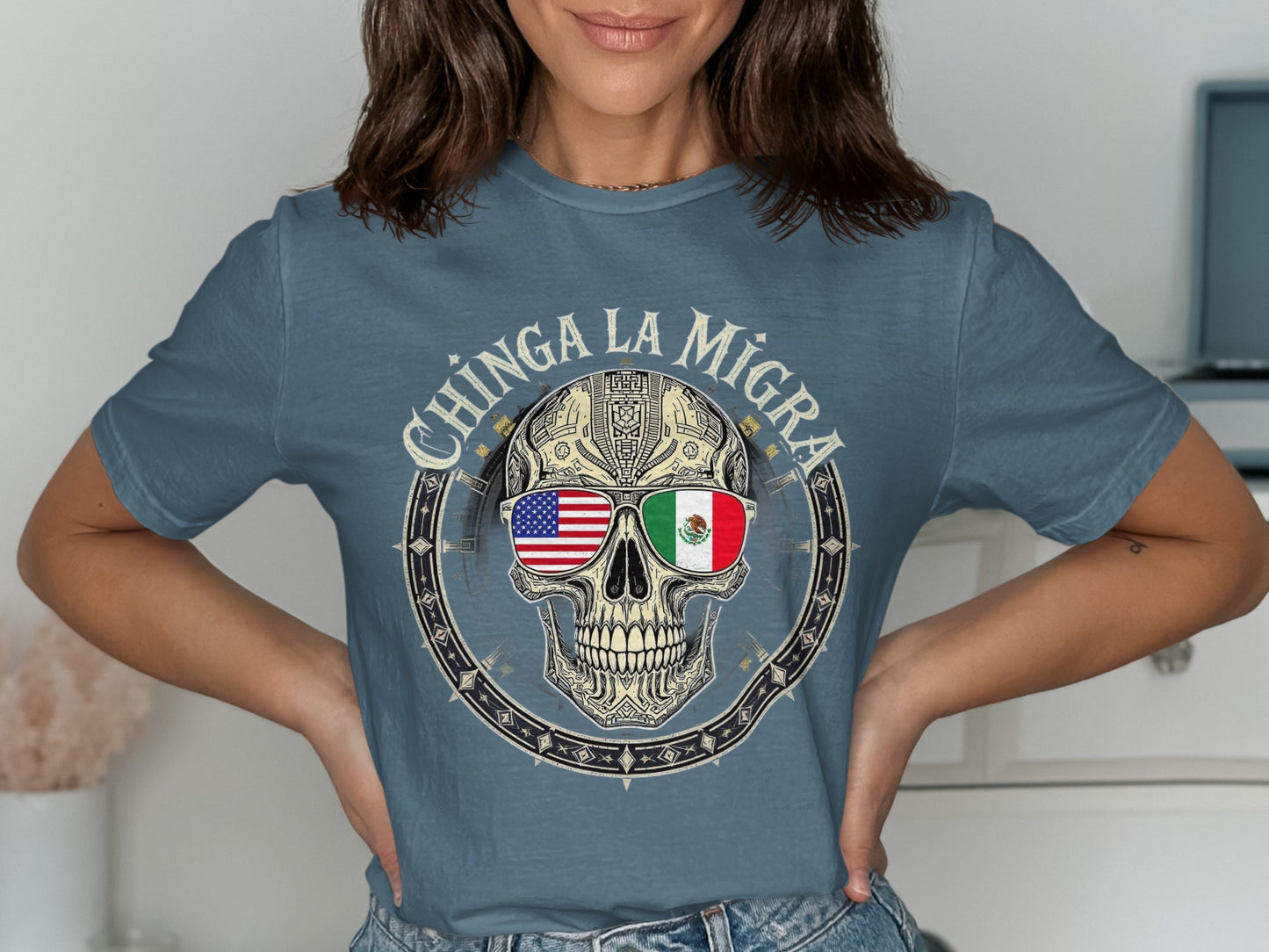 Chinga La Migra Skull Graphic Design T-Shirt product type