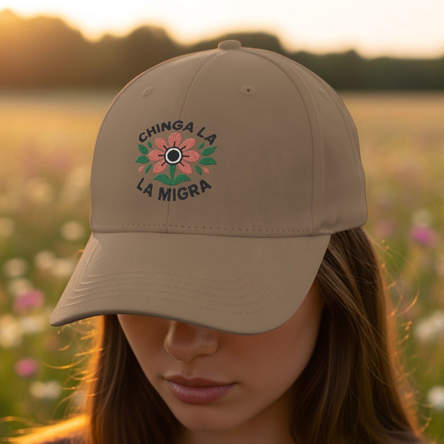 Chinga La Migra Hat with Flower Design adjustable product type