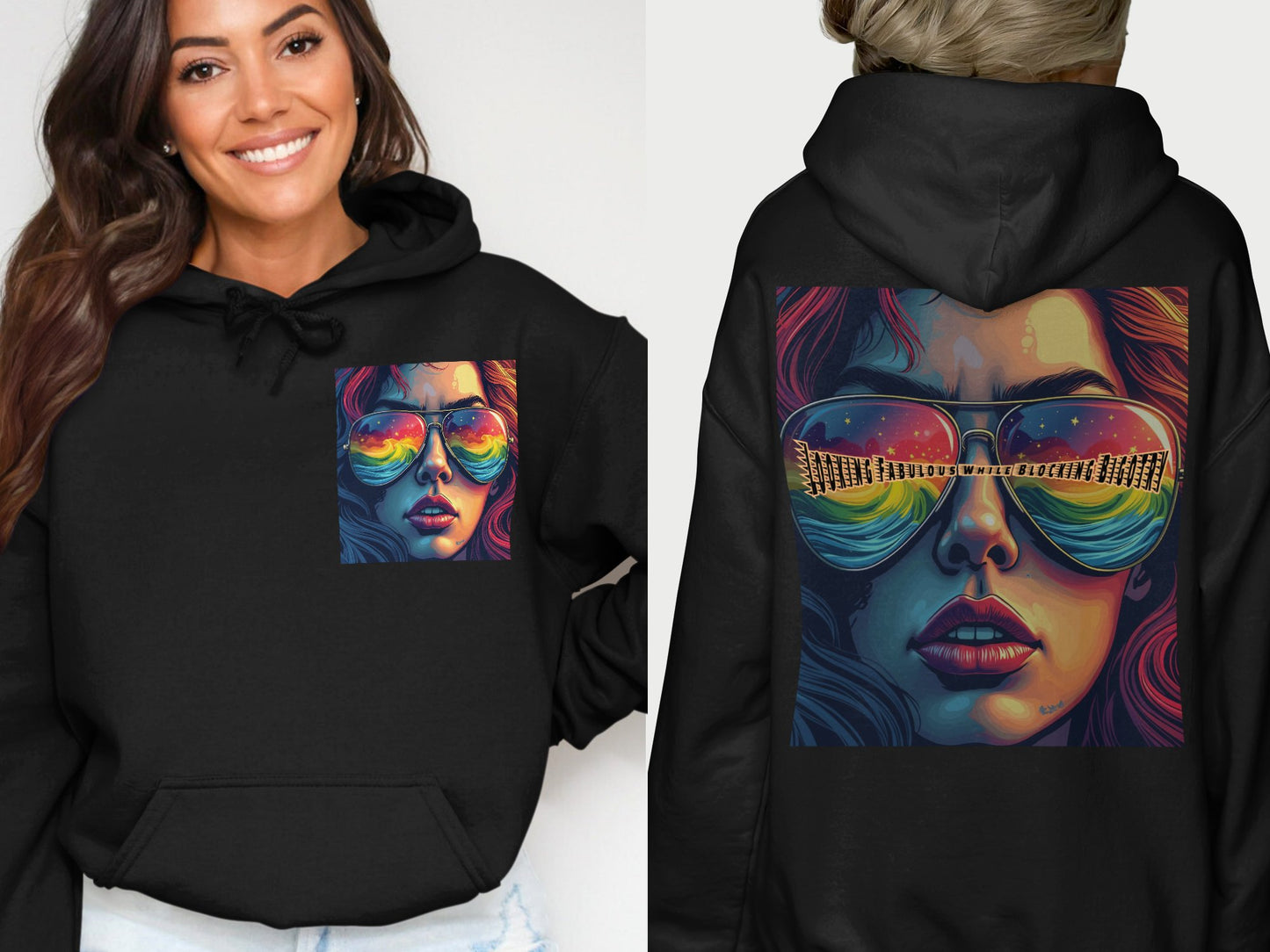 Vibrant Sunglasses Art on Black Hoodie product