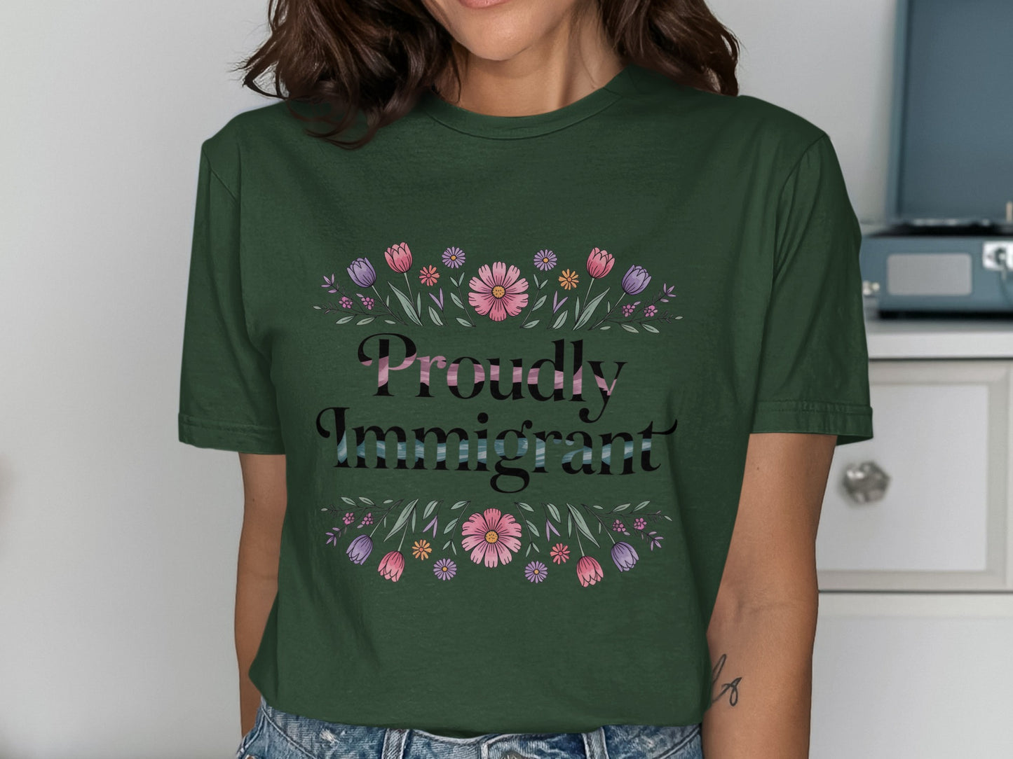 Proudly Immigrant Graphic TShirt with Floral Design product type
