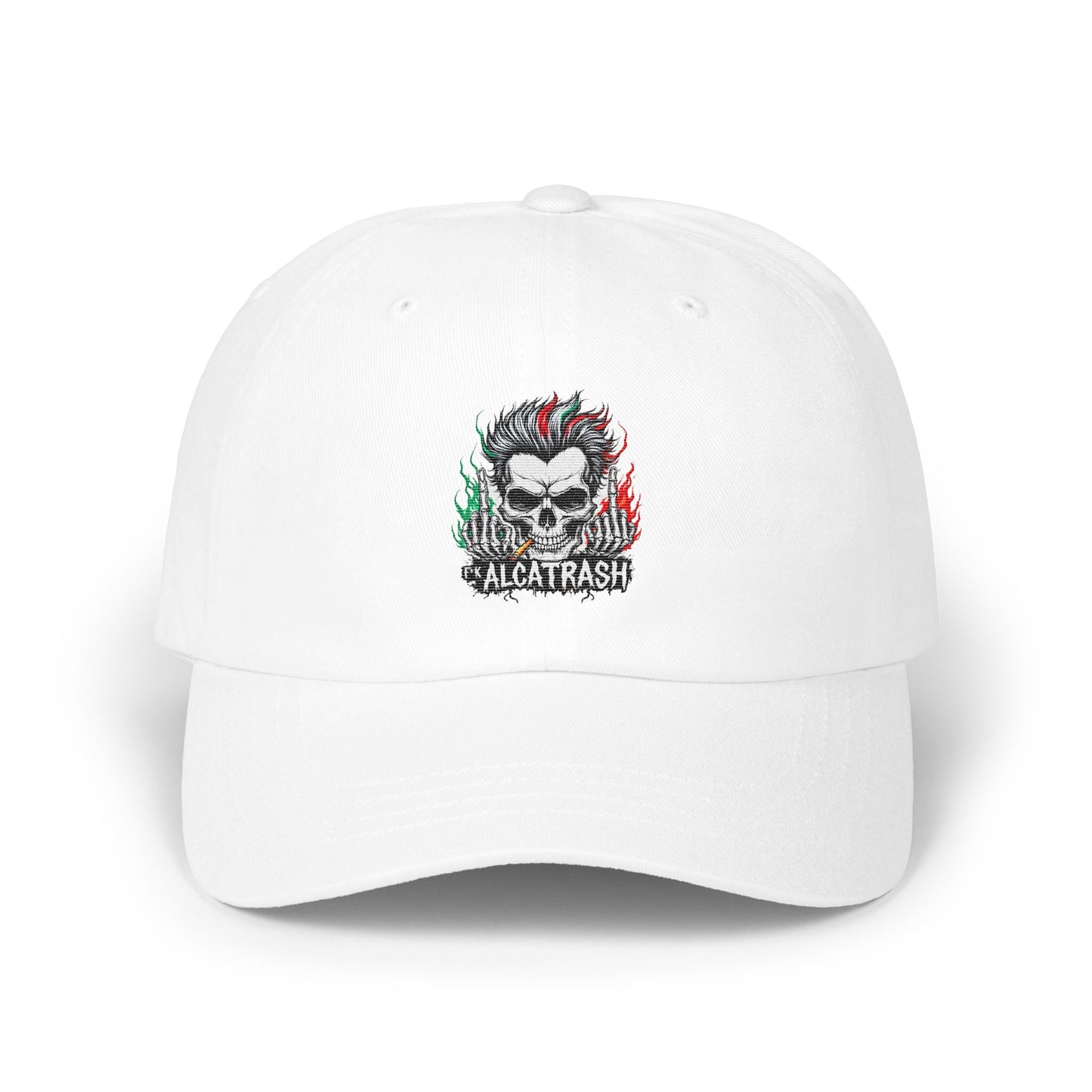 Alcatrash Skull and Flames Design White Cap product type