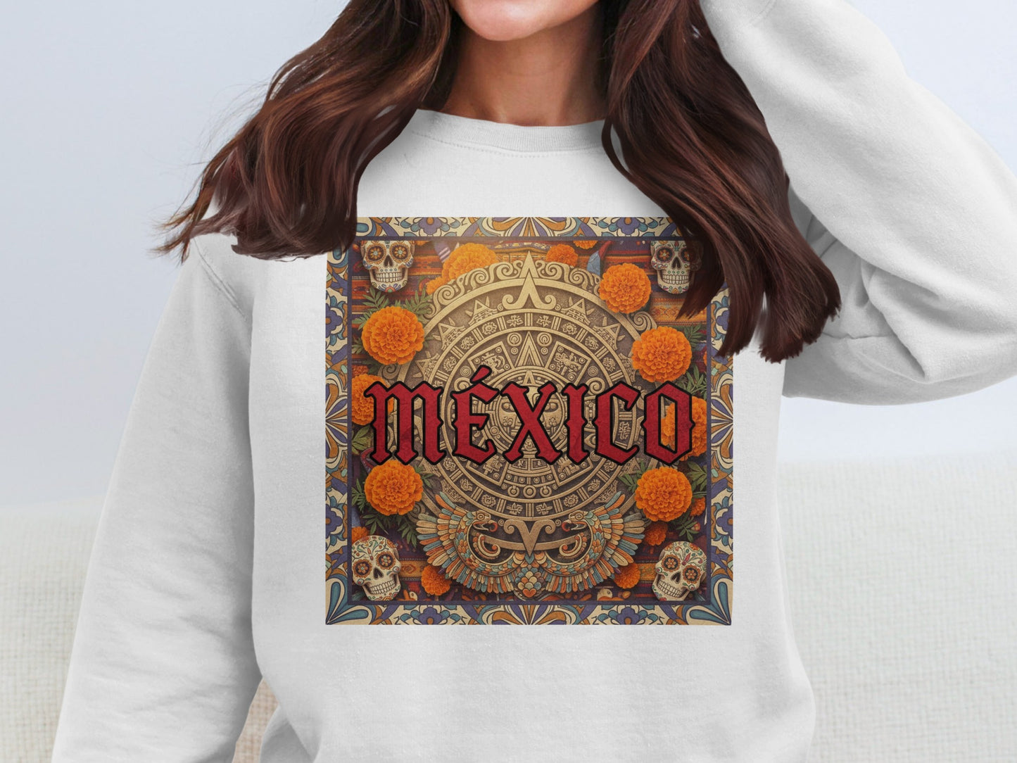 Mexico Skull Design Aztec Calendar White product type