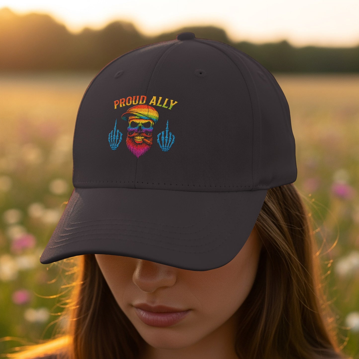 Proud Ally Skull and Rainbow Embroidered Hat product