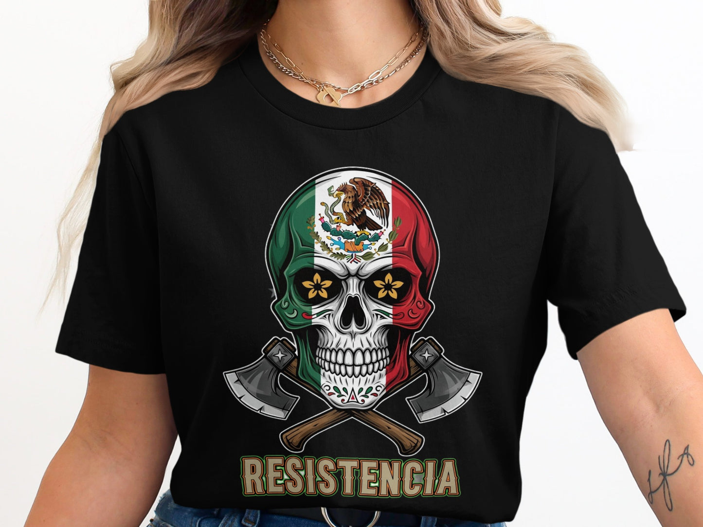 Mexican Skull with Axes Resistencia Black T-Shirt Product