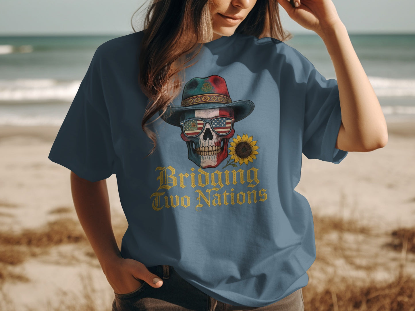 Bridging Two Nations Skull Design Graphic T-Shirt Product
