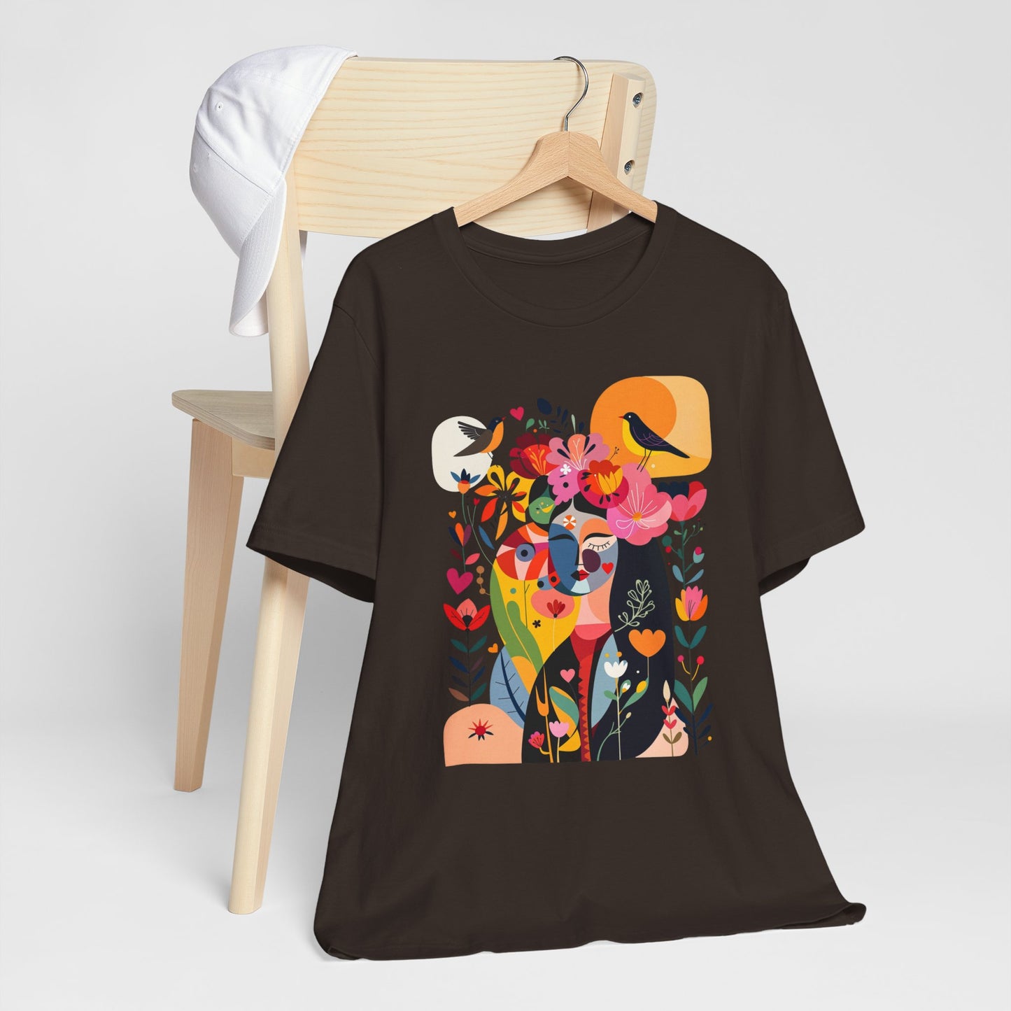Abstract Woman Face Colorful Floral Bird Design Graphic Tee product type