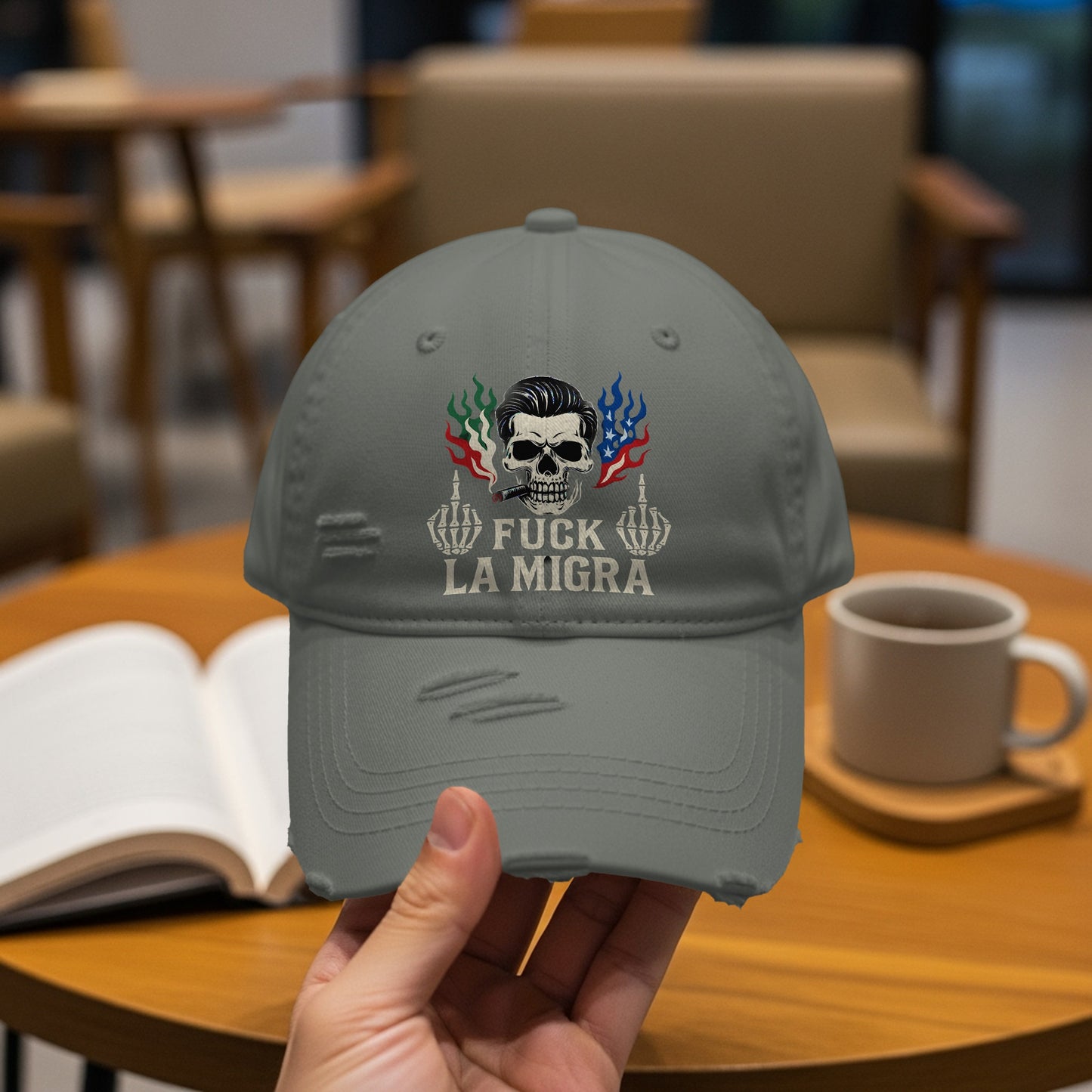 Fuck La Migra Embroidered Skull Design Hat product
