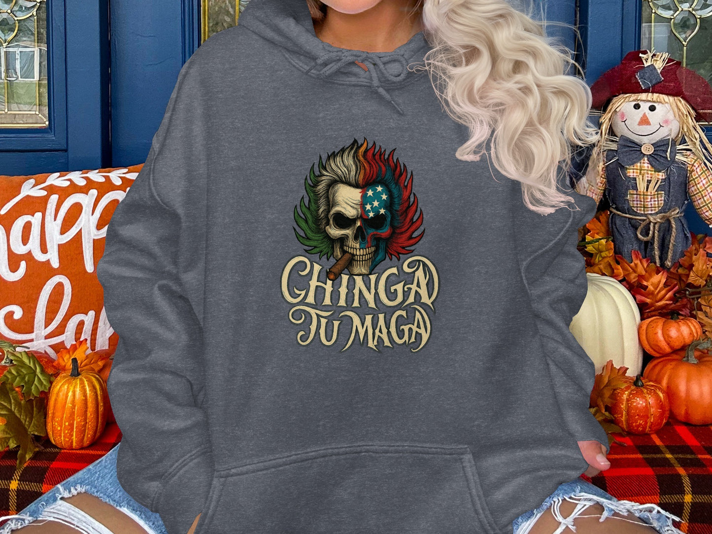 Chinga Tu Maga Skull Printed Hooded Sweatshirt product